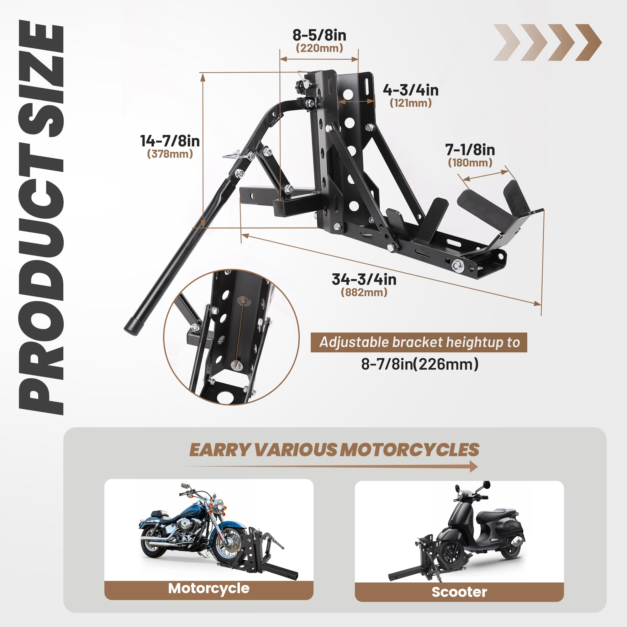 KUAFU 800LBS Motorcycle Trailer Hitch Carrier - Alloy Steel, 2" Tow Receiver, Black, Model GO-2498