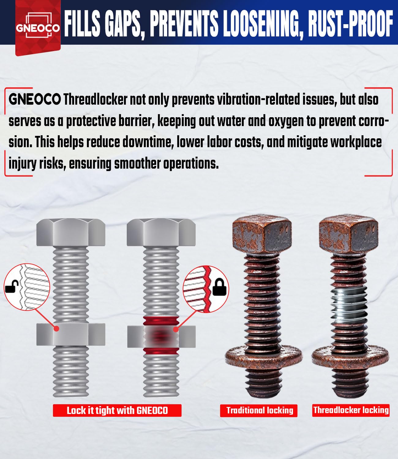 GNEOCO ThreadLocker Medium High Strength Lock Tight, 100ml, Blue, Model M243 H271 for Nuts, Bolts, Fasteners, and Metals