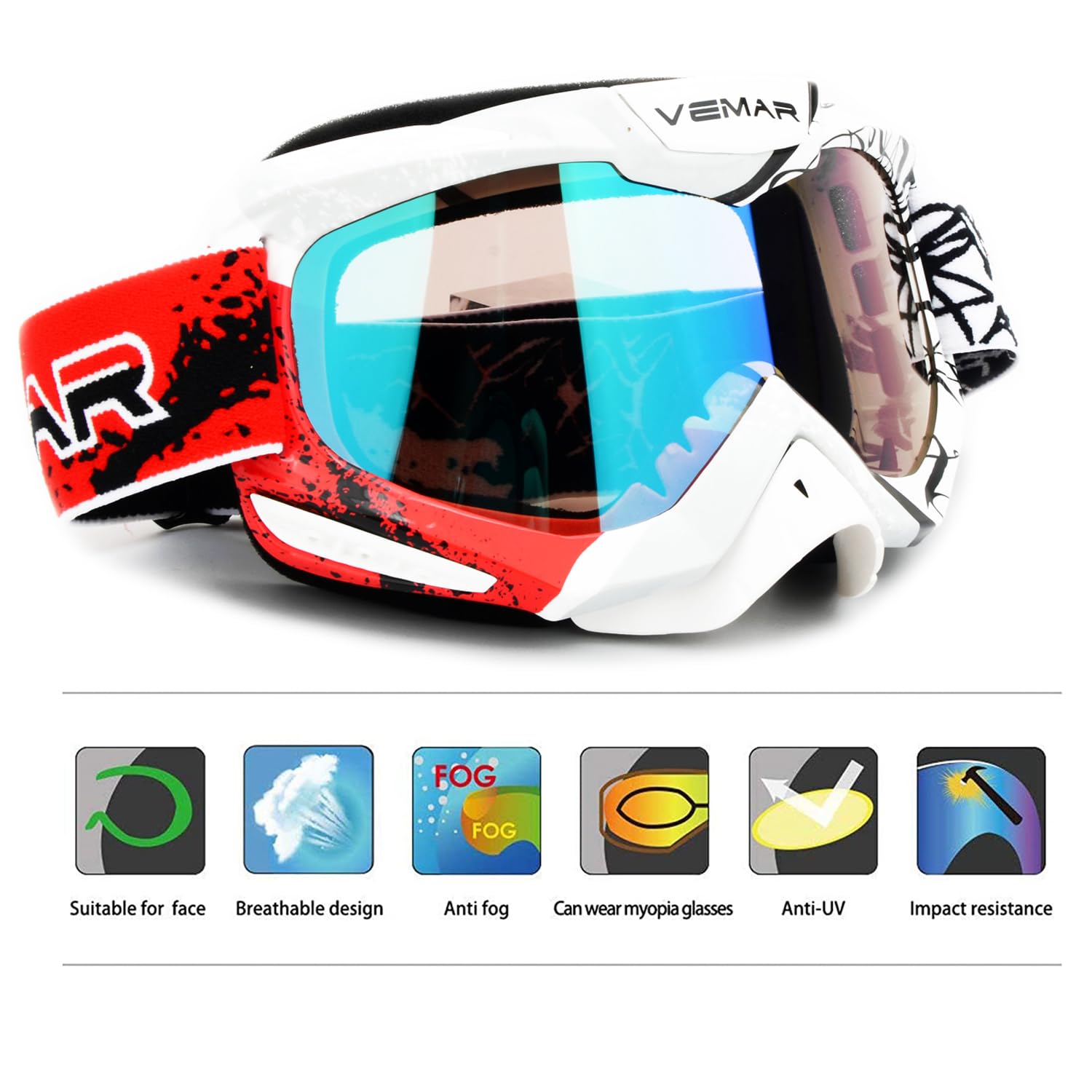 Ubelly Atv Dirt Bike Goggles - Windproof Dustproof Scratch Resistant Goggles For Adults, Men, Women & Youth (White & Red)