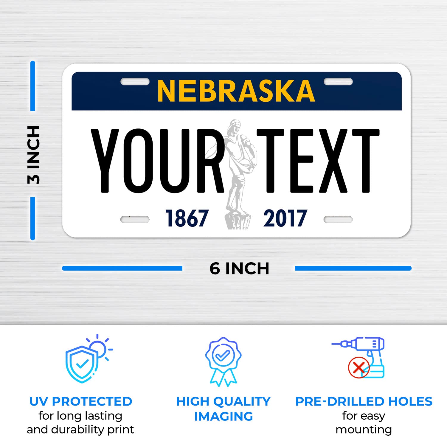 Custom Nebraska, Mini License Plate, Personalized 50 States Fake License Plate For Front Of Car Sign, 3X6 Inches, Rust Free .040 Aluminum, Fade Resistant, Made In The Usa By Sigo Signs,