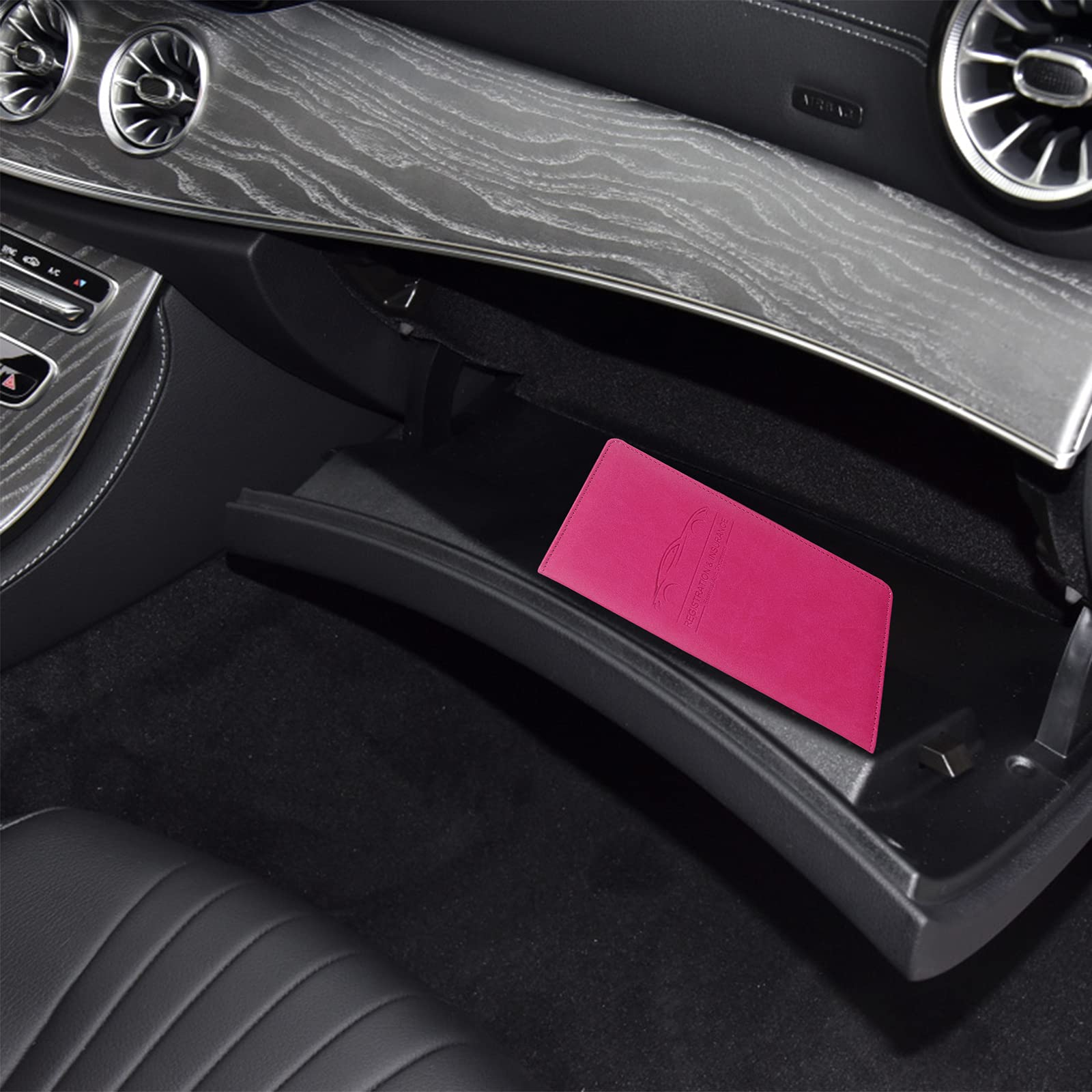 Car Registration And Insurance Holder, Premium Leather Registration And Insurance Card Holder,Vehicle Glove Box Car Organizer,Wallet Accessories Case With Magnetic Shut For Cards, Essential Document, Driver License (Rose Red)