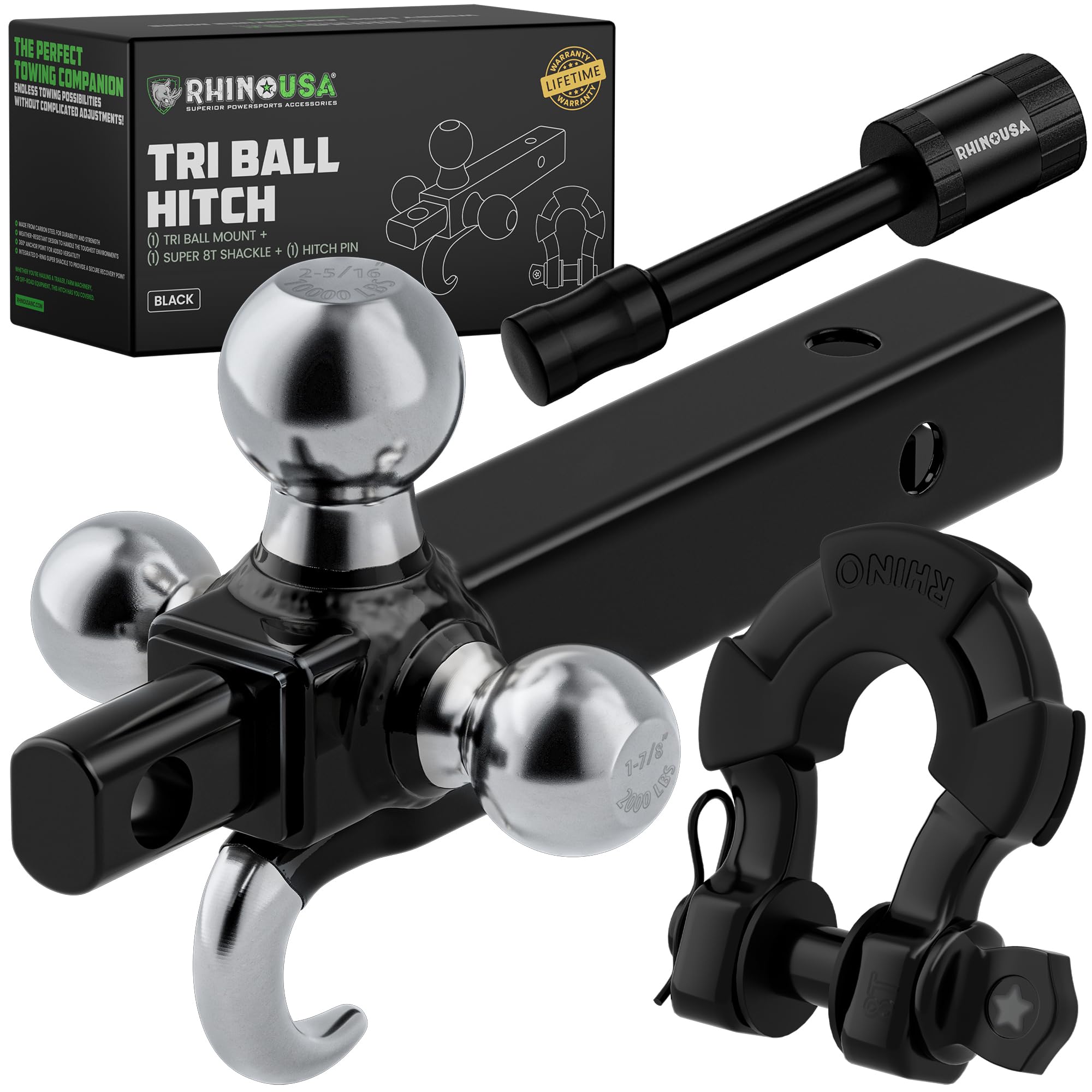 Rhino USA Trailer Hitch Tri-Ball Mount with Hook, Shackle & Locking Pin (2-Inch Receiver) Versatile Tow Hitch Ball Size 1-7/8 In