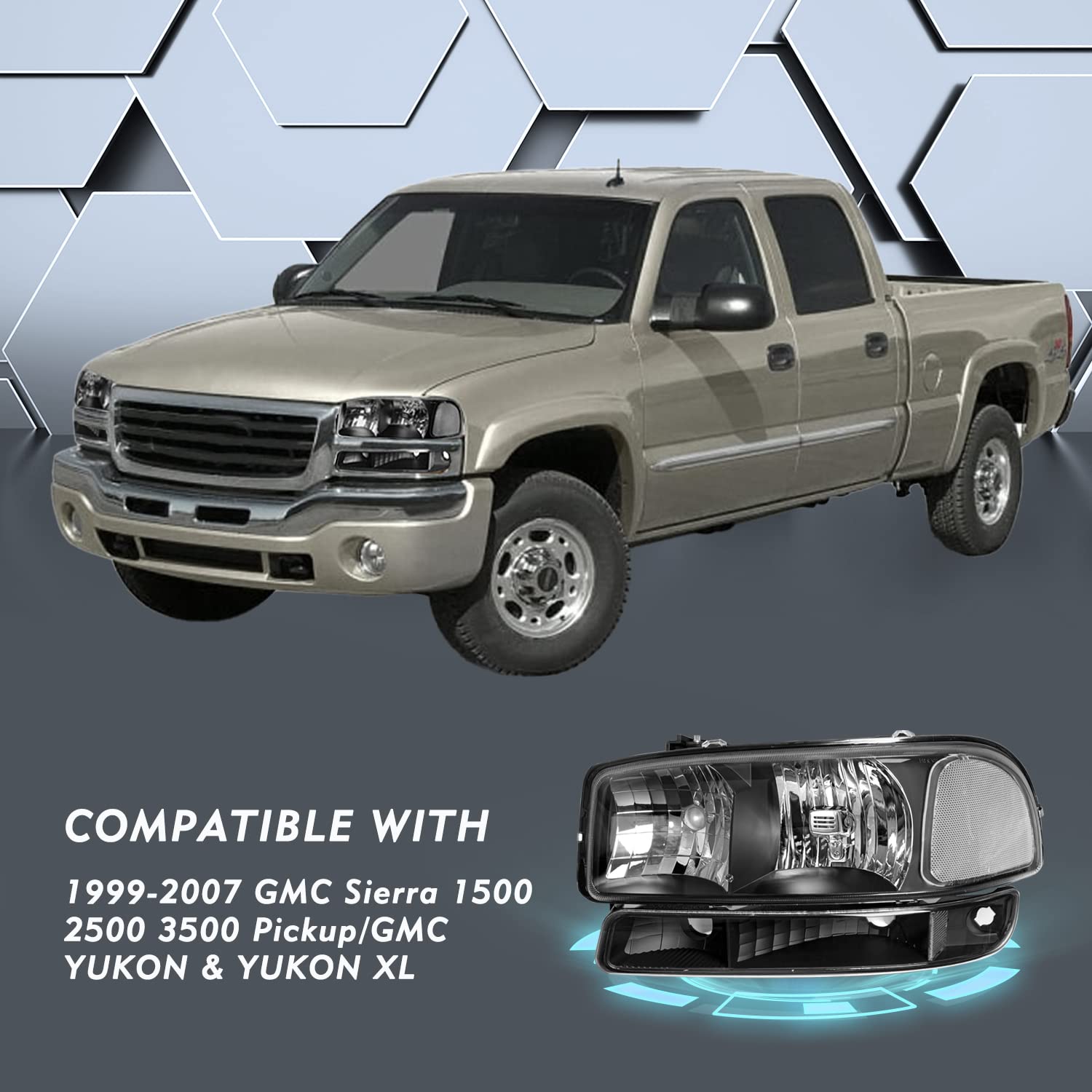 TUSDAR Headlight Assembly for GMC Sierra 1500/2500/Yukon - Black Housing, Model TR019-BB-M, Fits 99-07 (Excludes Denali)