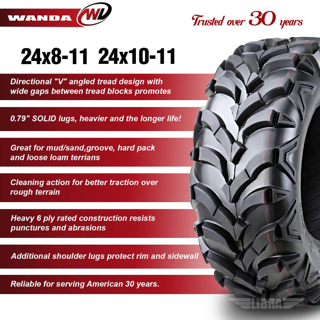 Wanda (Set 4) 24X8-11 24X8X11 & 24X10-11 24X10X11 Atv Tire Set 6-Ply Solid Mud-20Mm Deep Tread