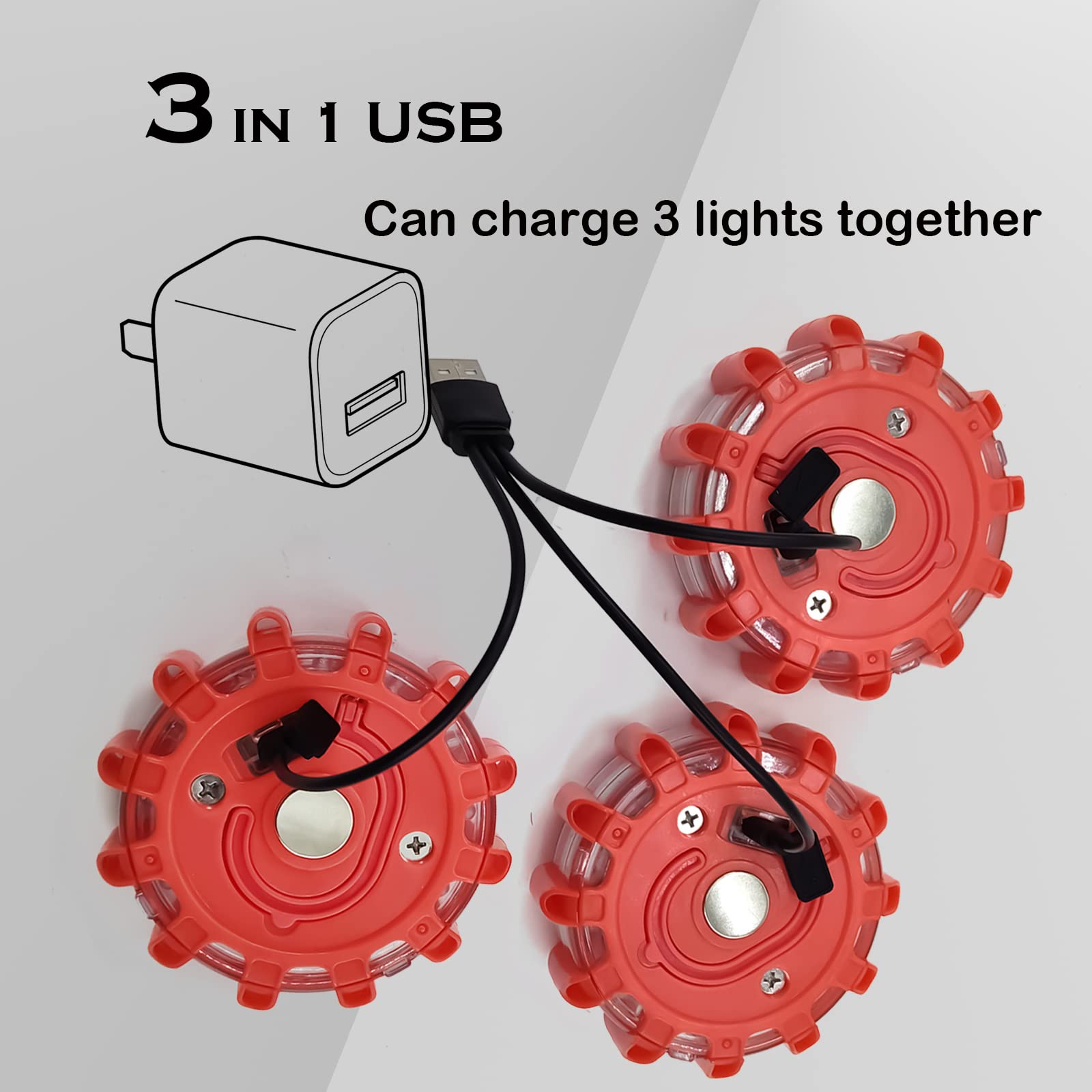 Teahoor 4 Pack Rechargeable Led Road Flares Roadside Emergency Car Kit, Emergency Lights For Vehicles With Magnetic Base & Hook, 3 In 1 Usb Cable Included