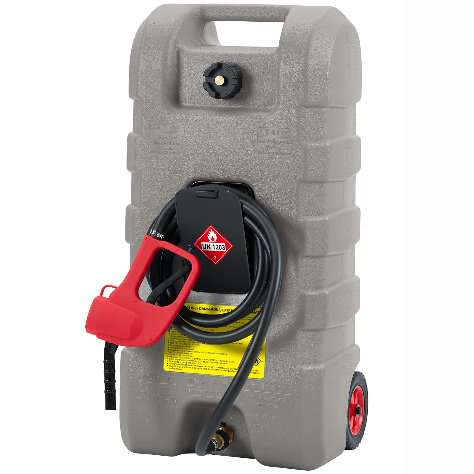 15 Gallon Gas Can, Heavy-Duty Fuel Tank with Manual Transfer Pump & 10FT Hose, Portable Gas Caddy with Wheels, Leak-Proof Gas Co