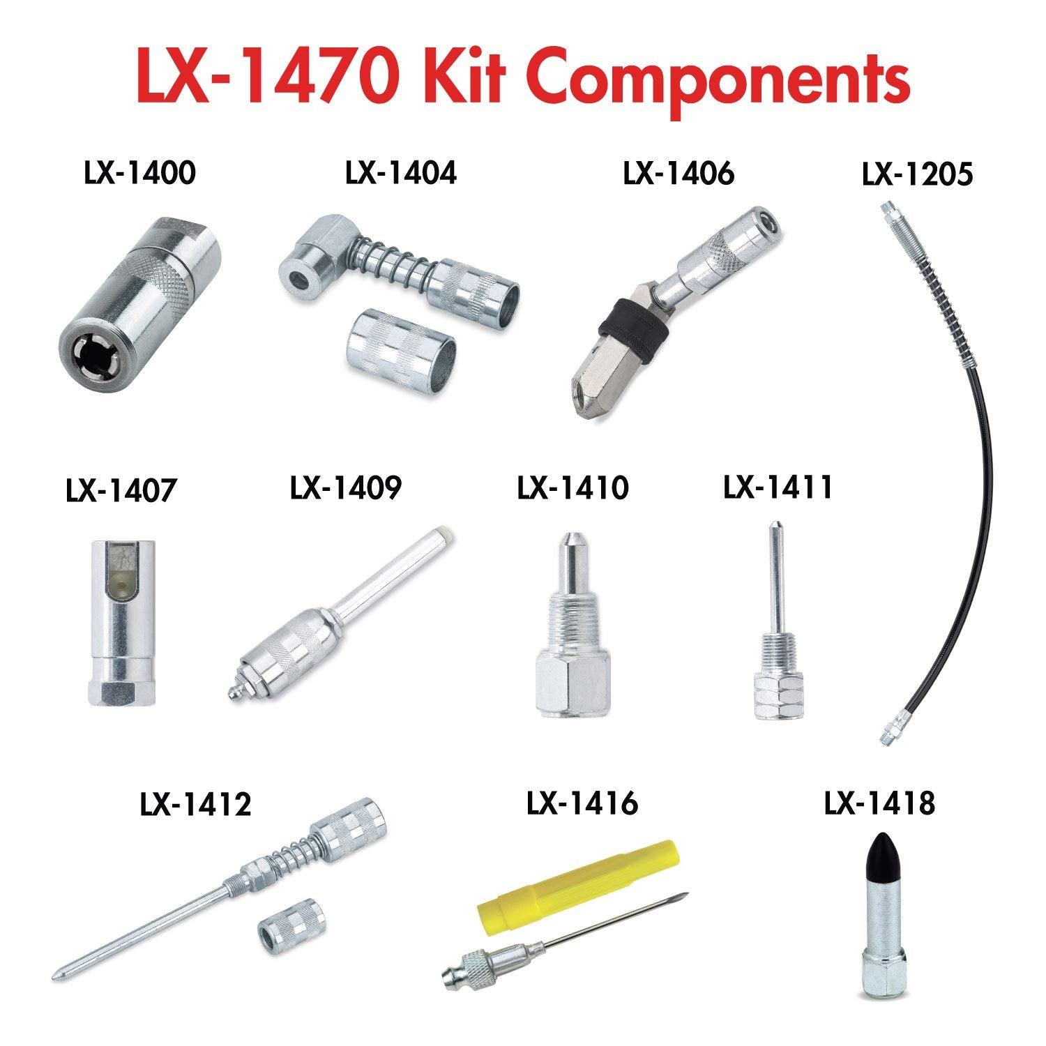 LUMAX LX-1470 Silver Lubrication Accessory Kit, 11-Piece Steel Storage Case