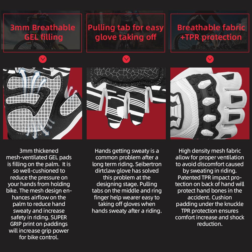 Seibertron Adult Dirtclaw Gloves - Motorcycle Motocross Sports Gloves For Ultimate Grip And Protection White S