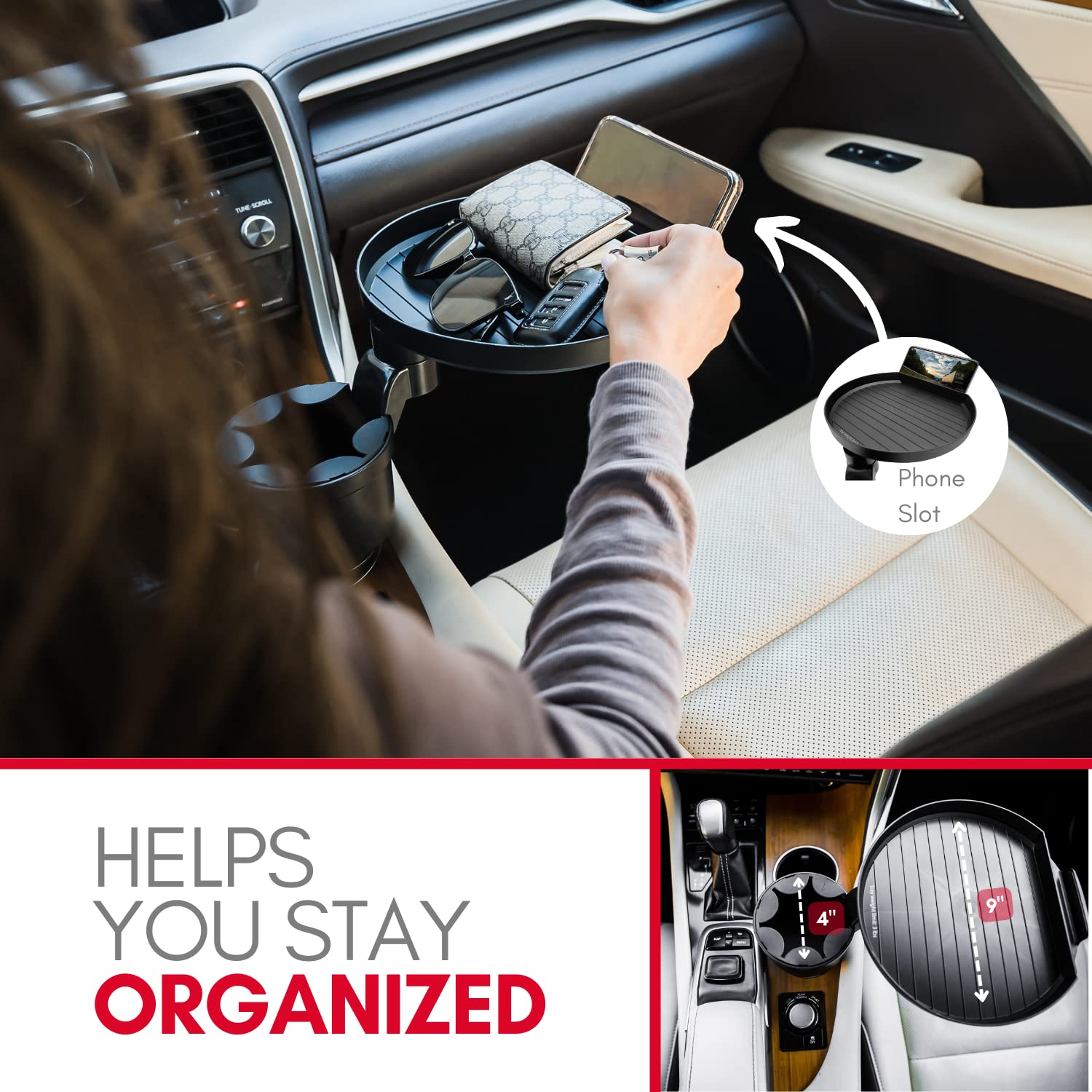 Macally Car Cup Holder Tray - 9" Food Tray & Drink Holder - Black, Pro Size, Fits Yeti & Hydroflask, Model MCUPEXPANDER