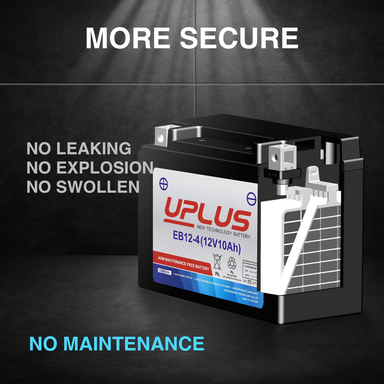 UPLUS Motorcycle Battery YTX12-BS, AGM Maintenance Free, Model EB12-4, Size 5.91"x3.43"x5.12" for Bikes, ATVs,
