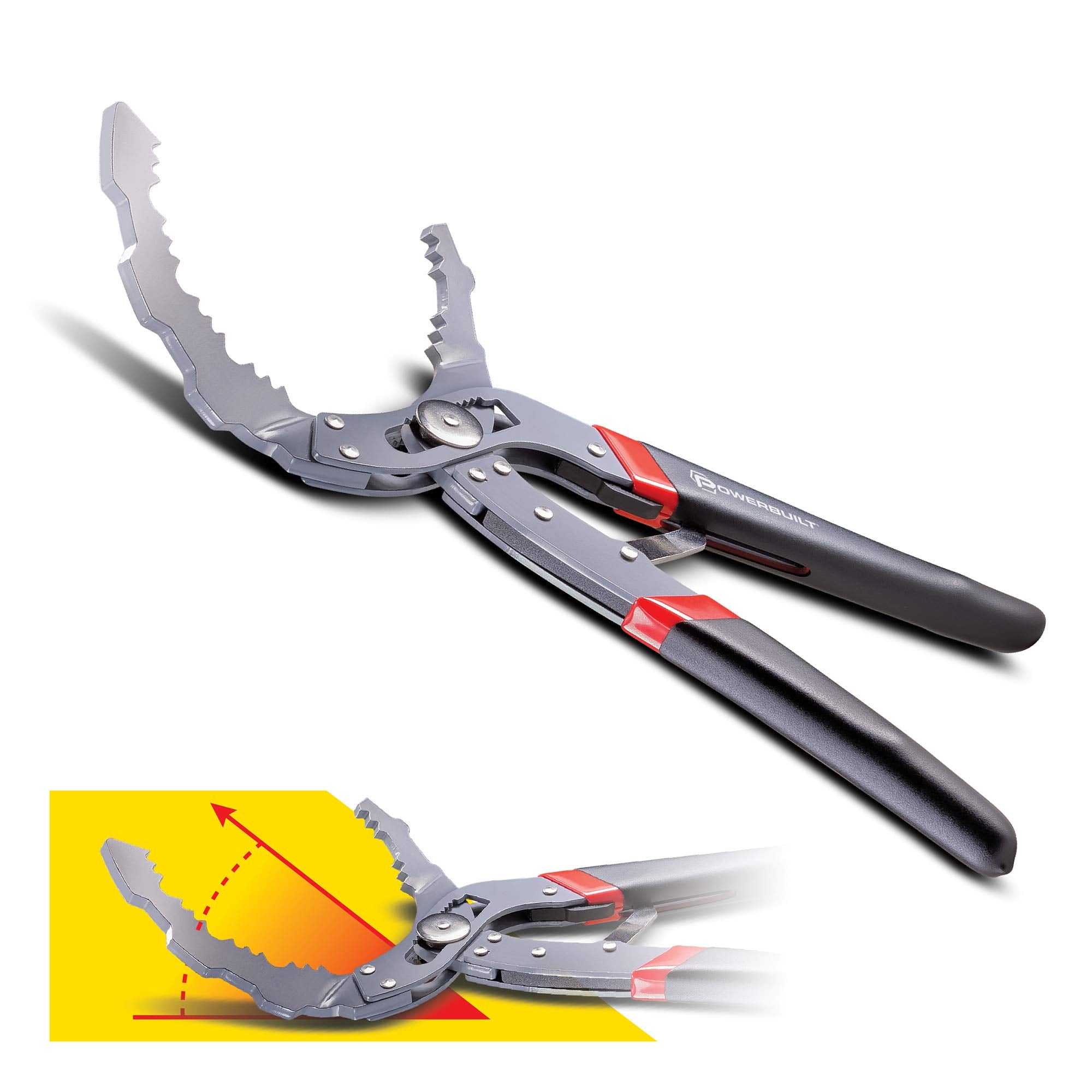 Powerbuilt Self-Adjust Oil Filter Pliers 30 Degree Angle Jaws, 2-1/4 to 4-3/4 inch, Auto Specialty Tools, Service Tools, Grease 