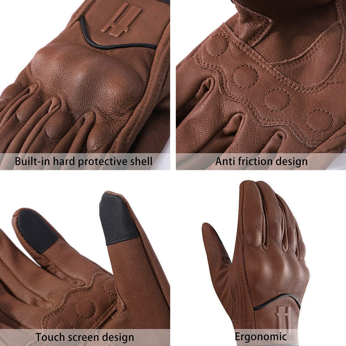 Harssidanzar Leather Motorcycle Gloves for Men, Touch Screen, Size S, Saddle Color