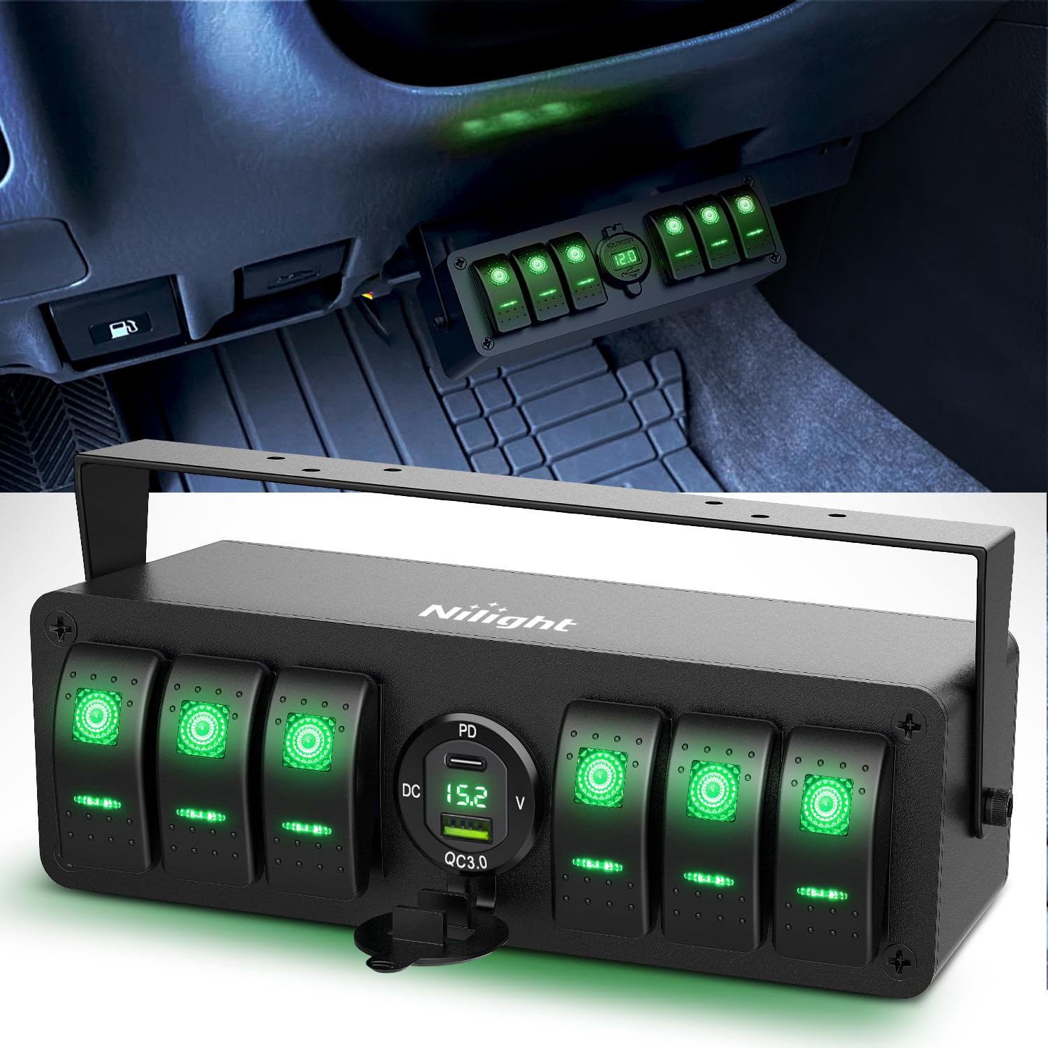 Nilight 6 Gang Rocker Switch Box 12V Spst On Off Toggle Switches Pd Type C And Qc 3.0 Usb Charger Voltmeter Led Light Waterproof