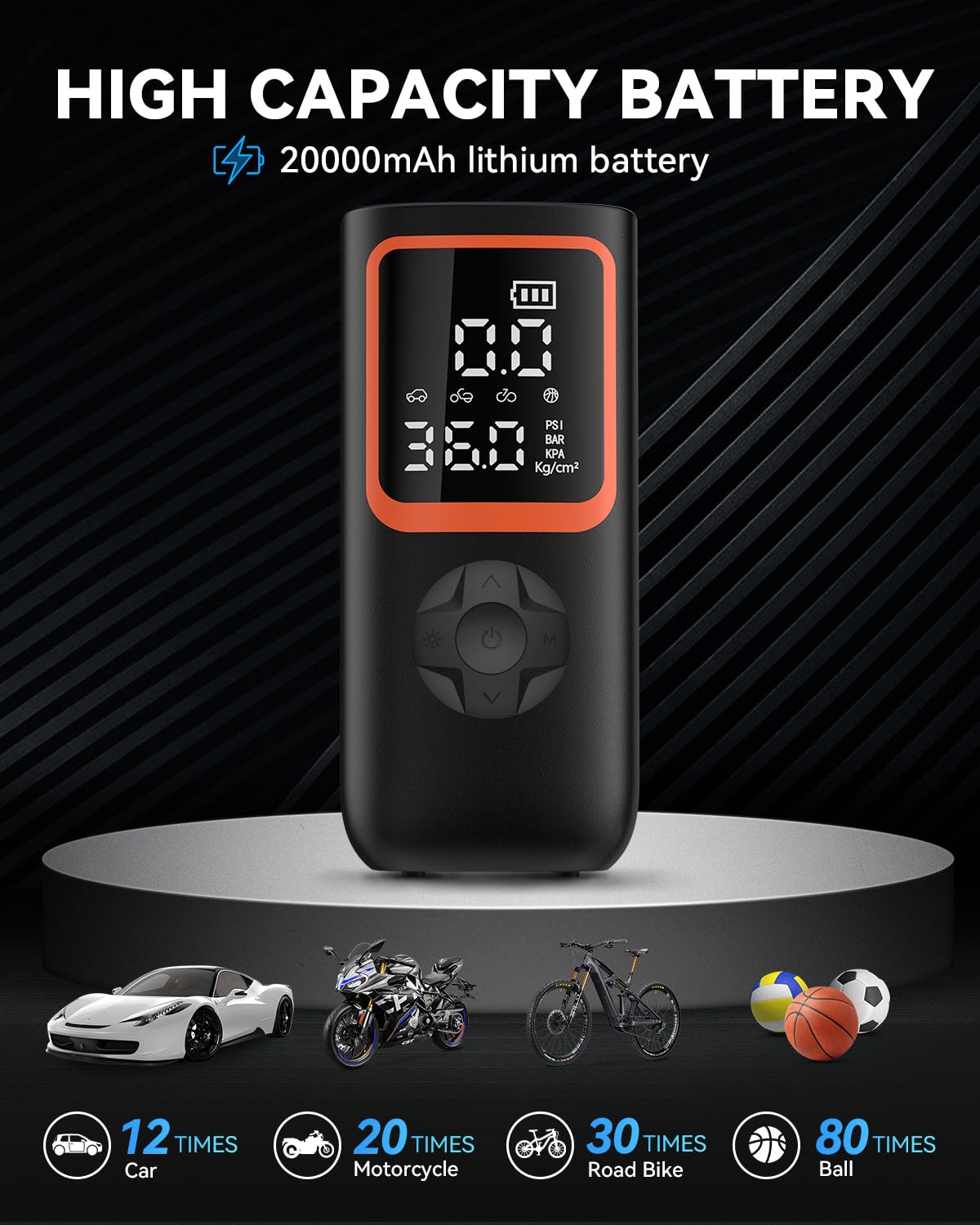 KOLTGOO Portable Tire Inflator - 20000mAh, 150PSI Air Compressor with LED Light - Black, Model 8020 for Car, Bike, Motorcycle, and Ball