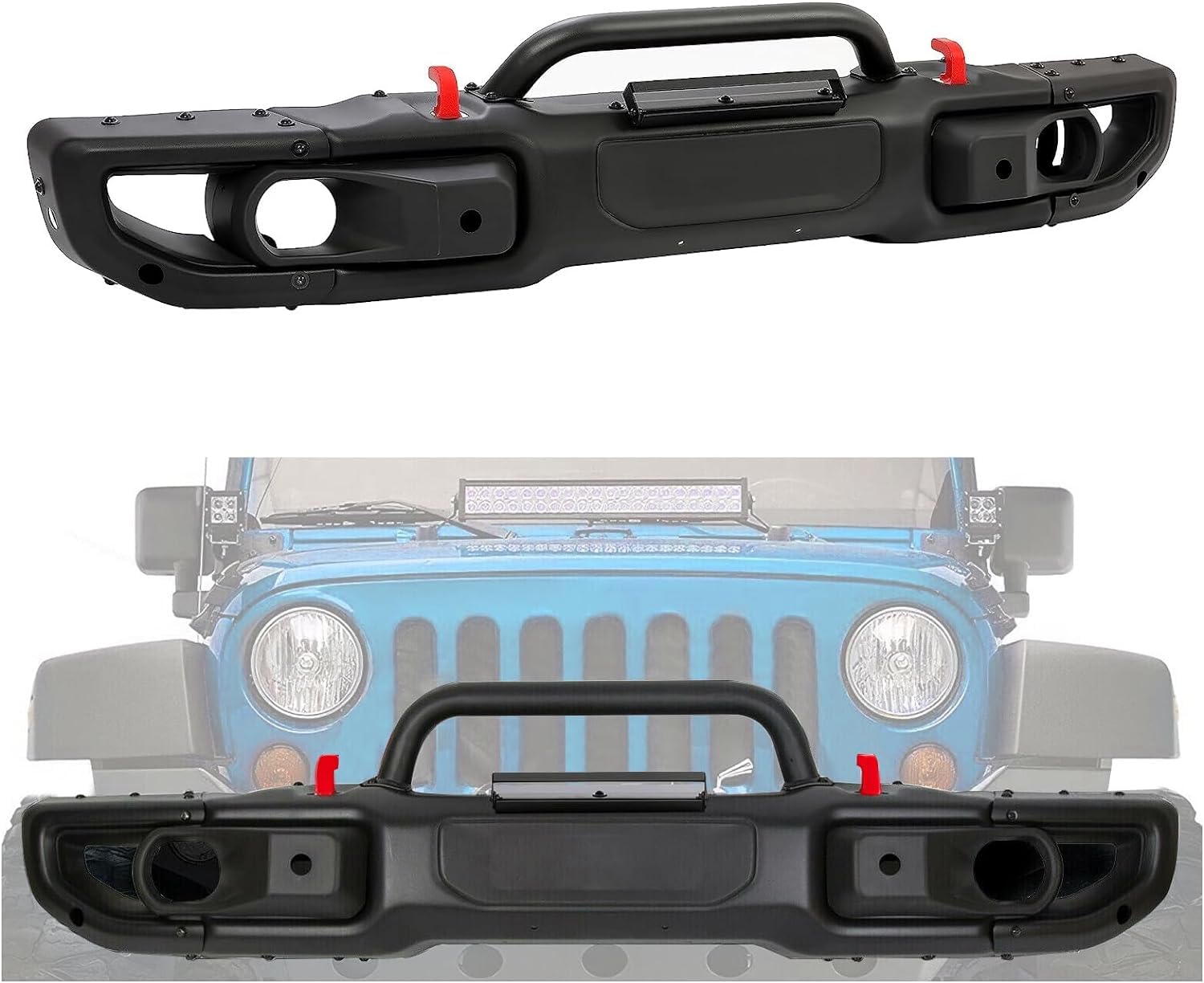 HECASA Front Bumper Compatible with 2007-2018 Jeep Wrangler JK Rubicon W/Sensor Hole and Winch Mount Plate 10th Anniversary Styl