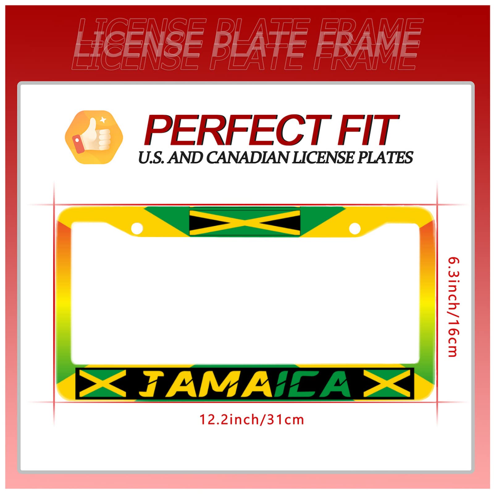 UNINDREM Jamaica License Plate Frame, Stainless Steel, Rust-Proof, 12x6 Inch, Jamaican Flag Design, Auto Parts Decoration for Men and Women