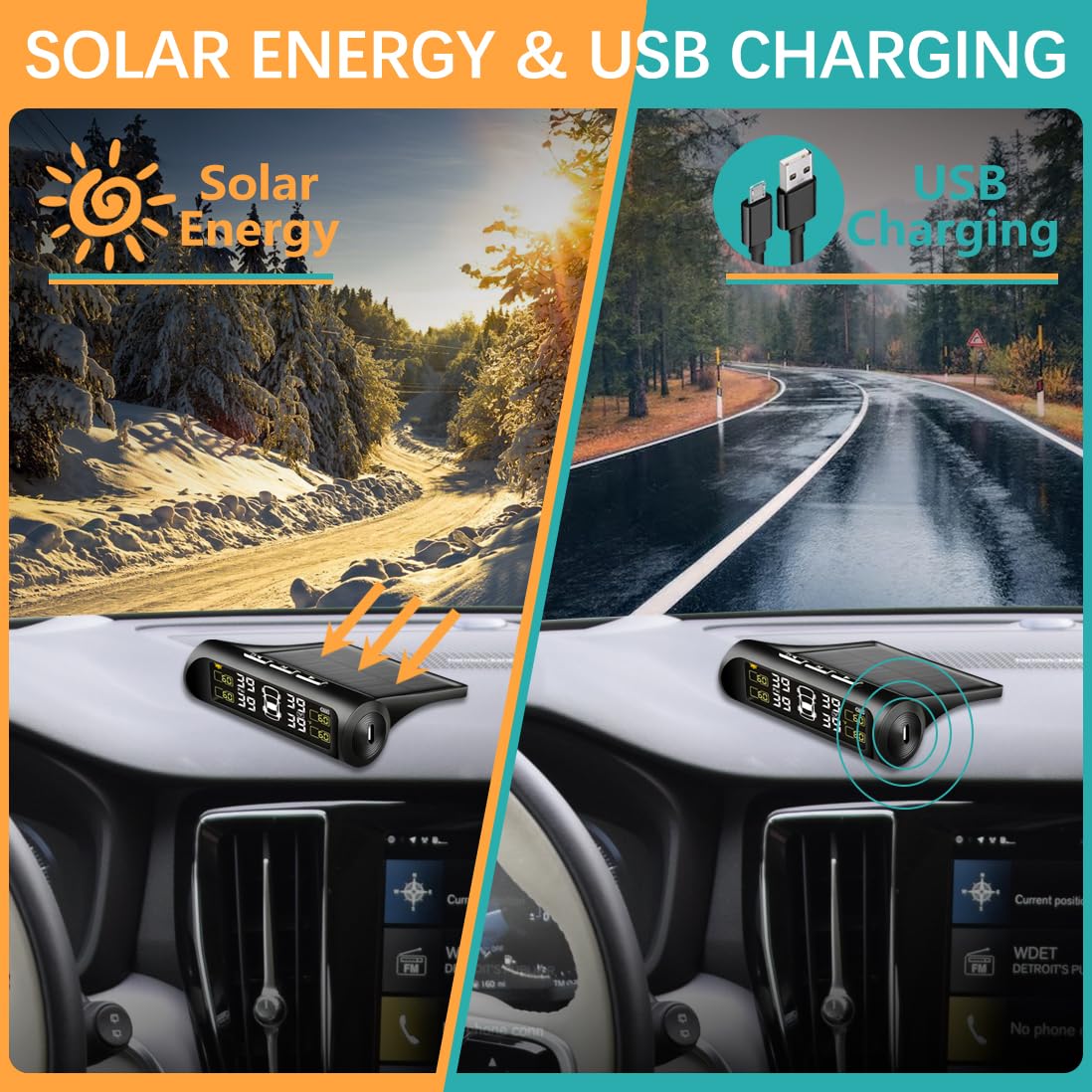 Venceza Tire Pressure Monitoring System - Tpms Tire Pressure Monitor System With Solar Charger, Tpms With 4 External Sensors & 5
