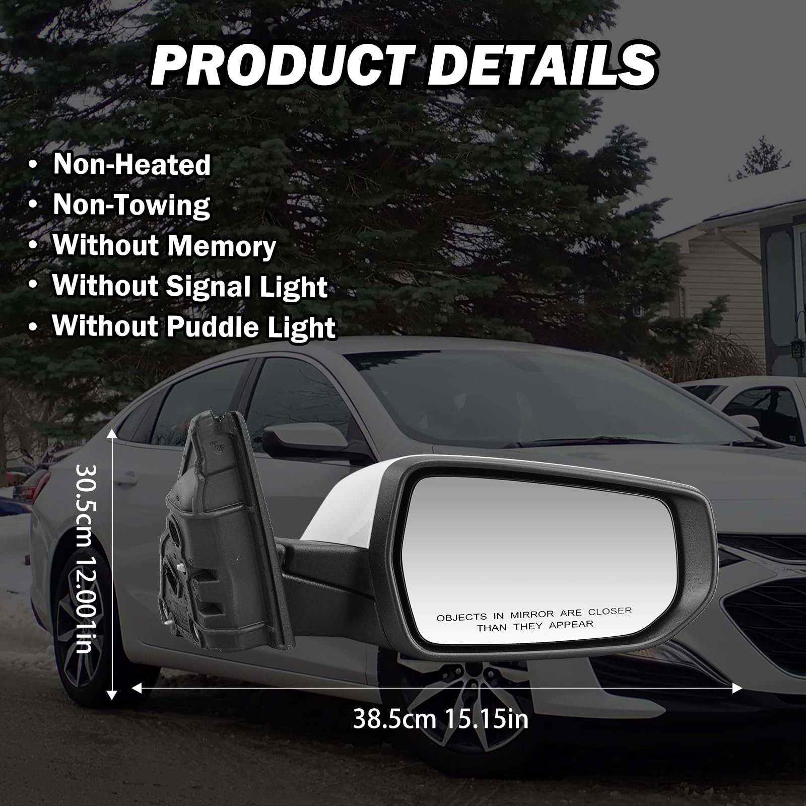 MOFOAP Passenger Side View Mirror for Chevy Malibu 2016-2022, Non-Heated, Manual Folding, Right, White, 3 Pins-WT
