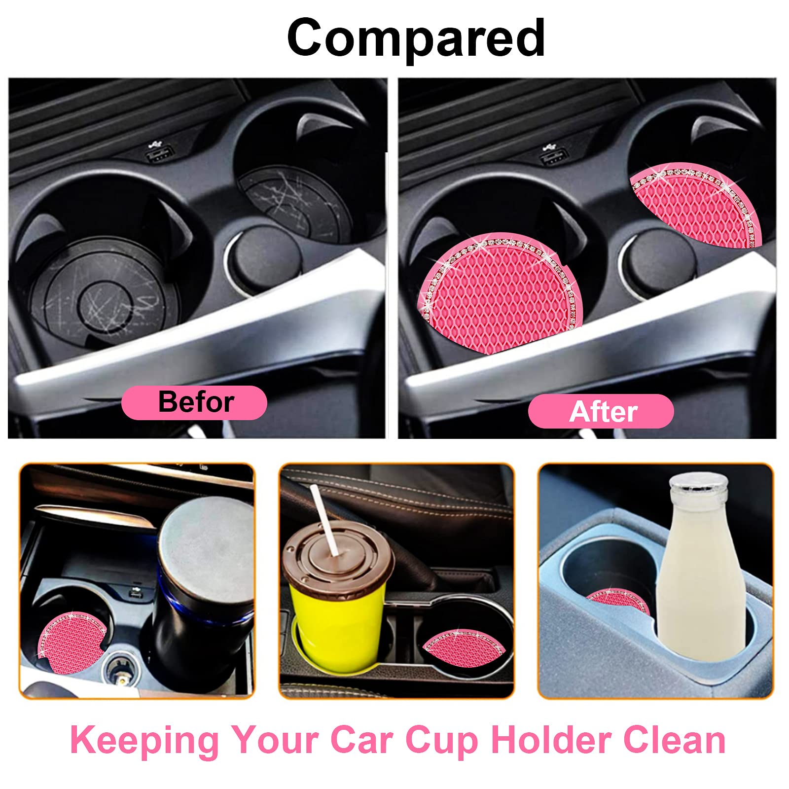 4Pcs Bling Car Cup Coaster, 2.75 Inch Auto Car Cup Holder Insert Coasters Silicone Anti-Slip Crystal Rhinestone Drink Car Cup Mat, Universal Vehicle Interior Accessories For Women Girls (Pink)