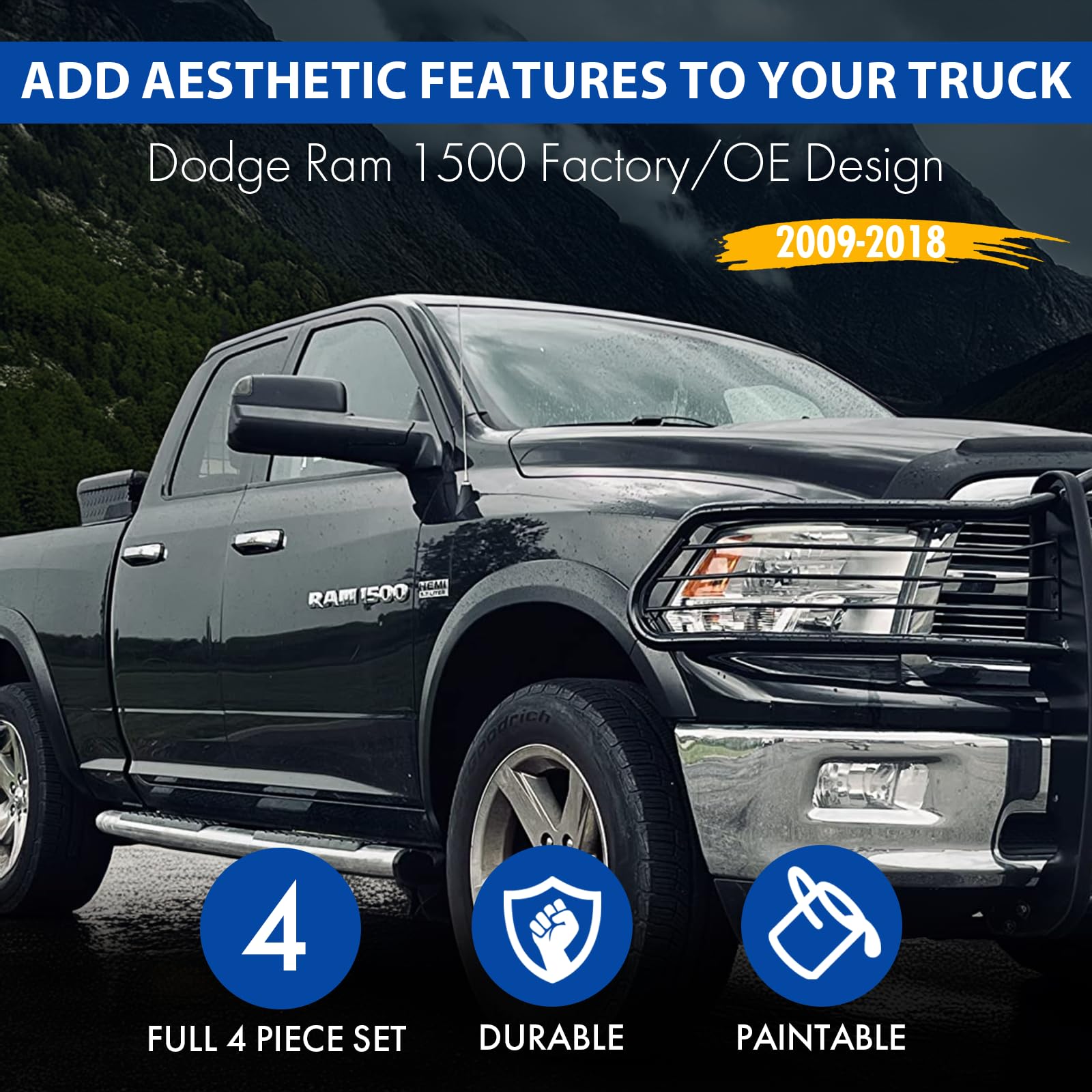 Monkey Autosports Dodge Ram 1500 Fender Flares Set of 4, Black, OE Design, 2009-2018 Models, Durable Acrylonitrile Butadiene Styrene