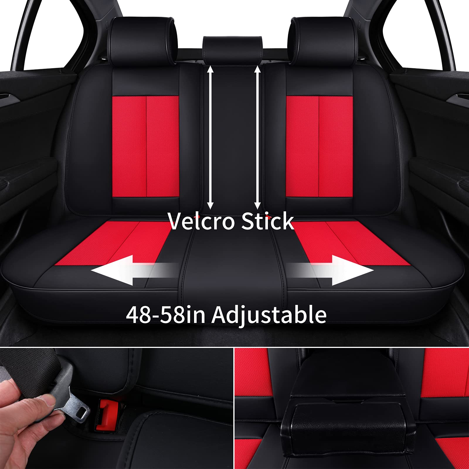 Coverado 5-Piece Front & Back Car Seat Covers, Faux Leather & Fabric, Full Set, Universal Fit, Red, Model SCU004