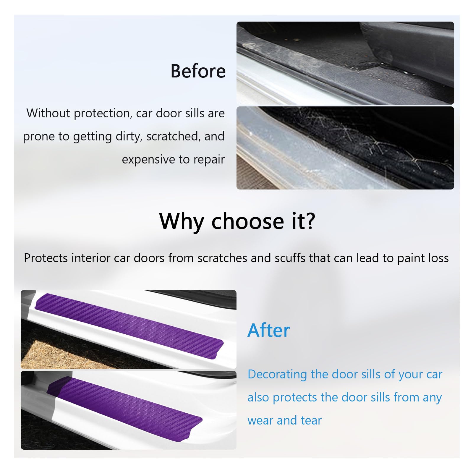 Dickno 4 PCS Car Door Sill Protector, 3D Carbon Fiber Auto Door Entry Edge Guard Protection Trim, Anti-Scratch Threshold Cover S