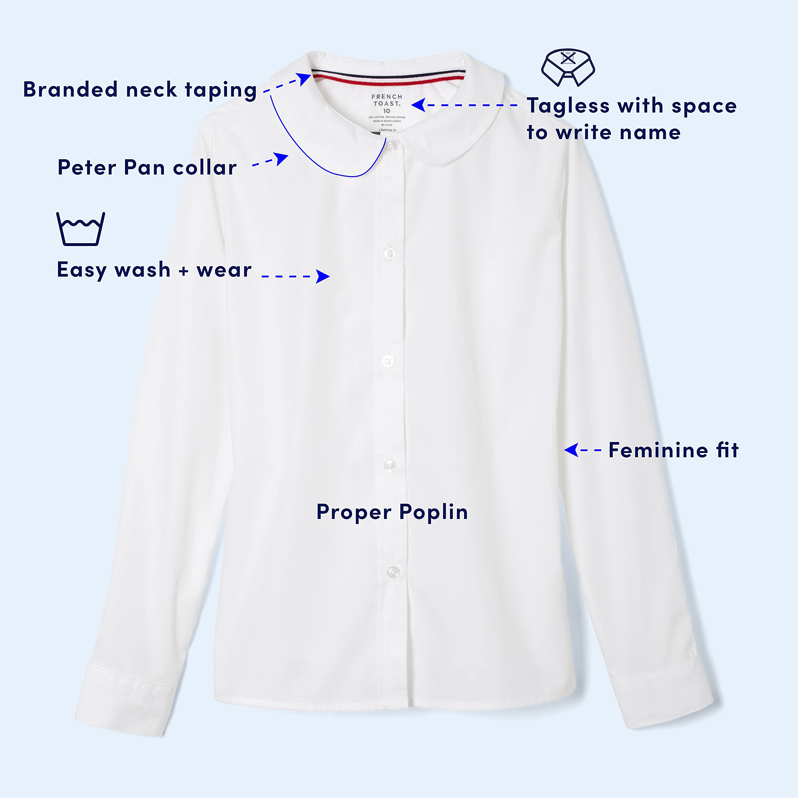 French Toast Little Girls Long Sleeve Peter Pan Collar Blouse, White, 6