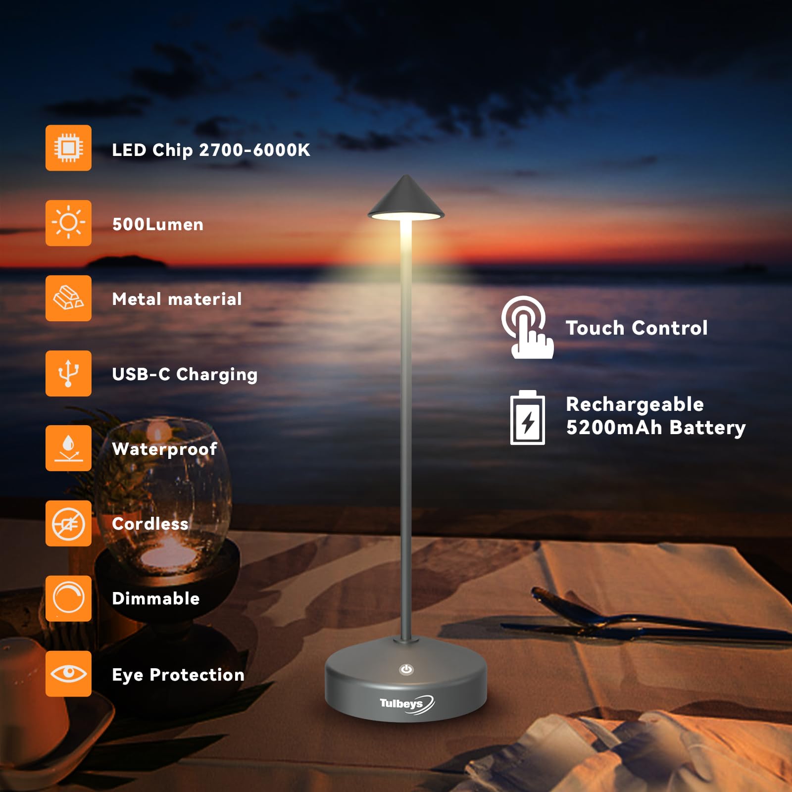 Tulbeys Cordless Table Lamp Rechargeable - 5200Mah Battery Operated Table Lamp, Ip54 Protection, Indoor/Outdoor Use, Contact Cha
