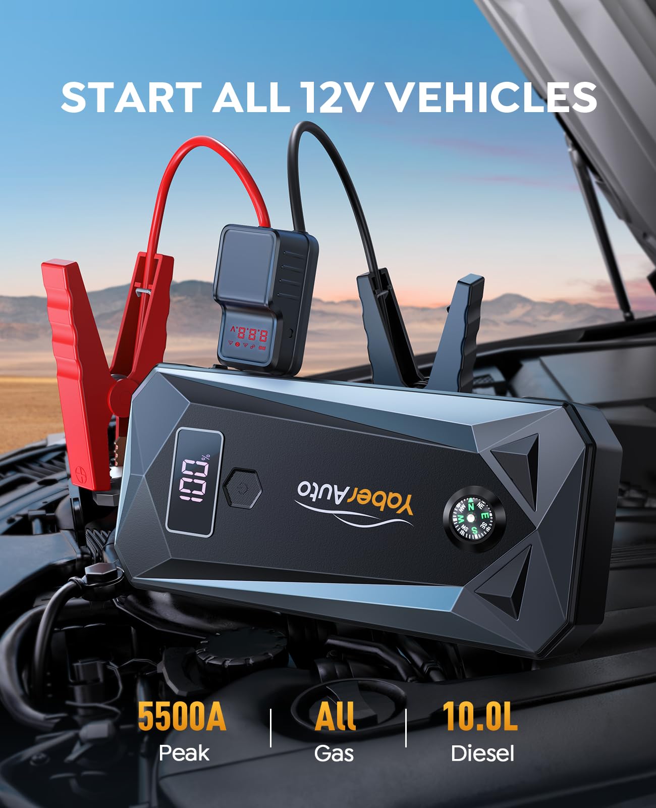 Yaberauto 5500A Car Battery Jump Starter For All Gas/10.0L Diesel Engines, 99.16Wh Portable Car Jump Starter Battery Pack, 12V J