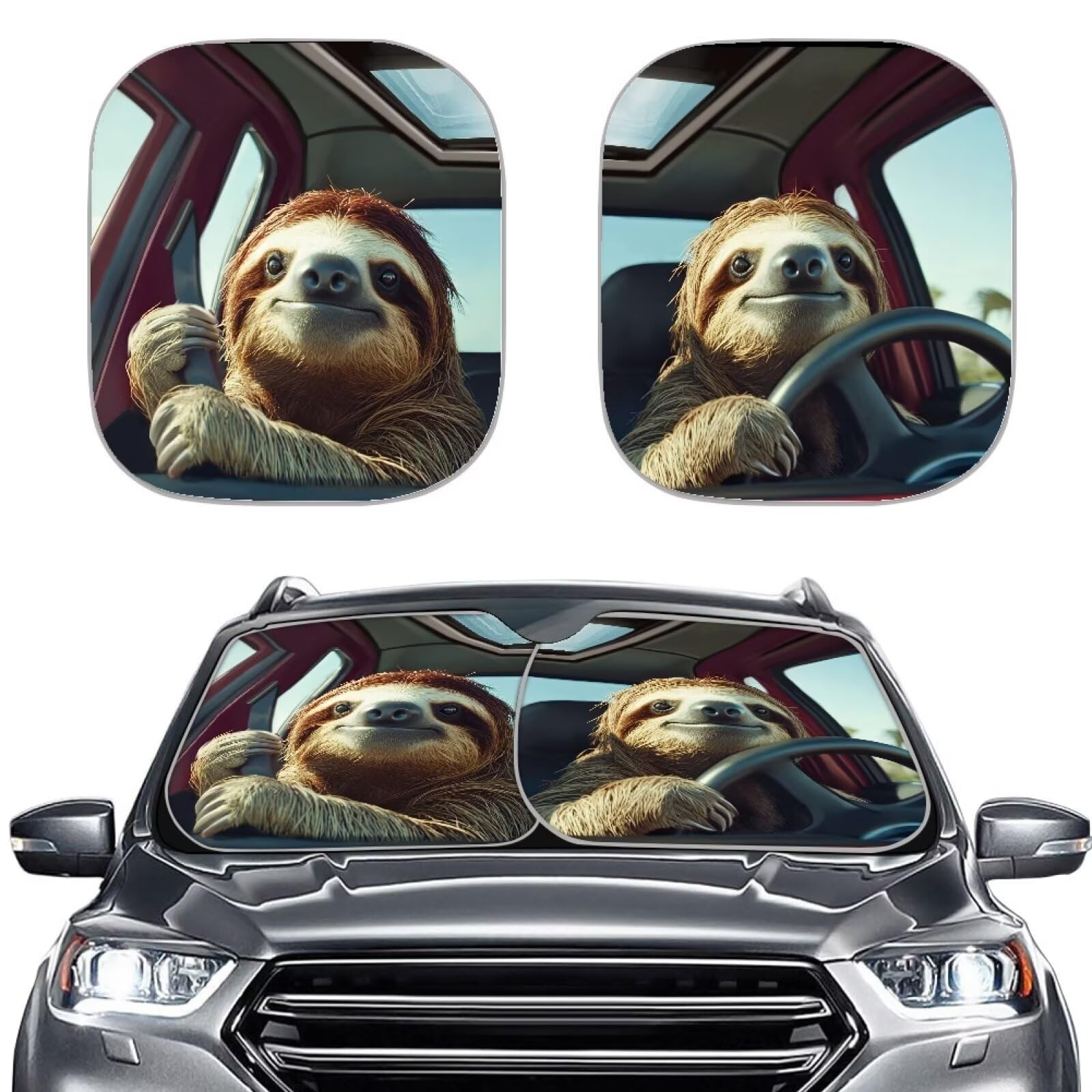 Renewold Automotive Windshield Sunshades 2Pcs Sun Shade For Car Front Window Sloth Animal Driving Car Accessories For Most Sedan