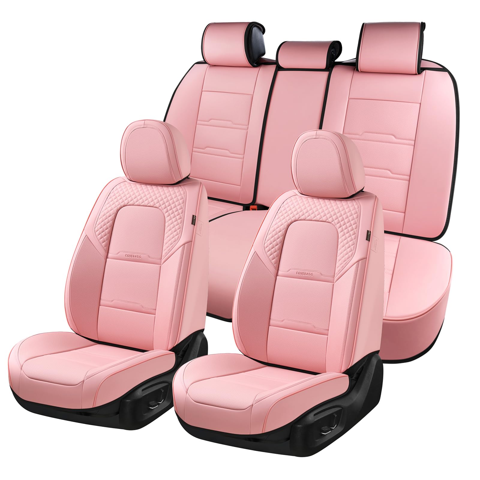 Coverado Car Seat Covers Full Set, 5 Piece Car Seat Protector With Removable Headrest, Nappa Leather Breathable Front Back Rear