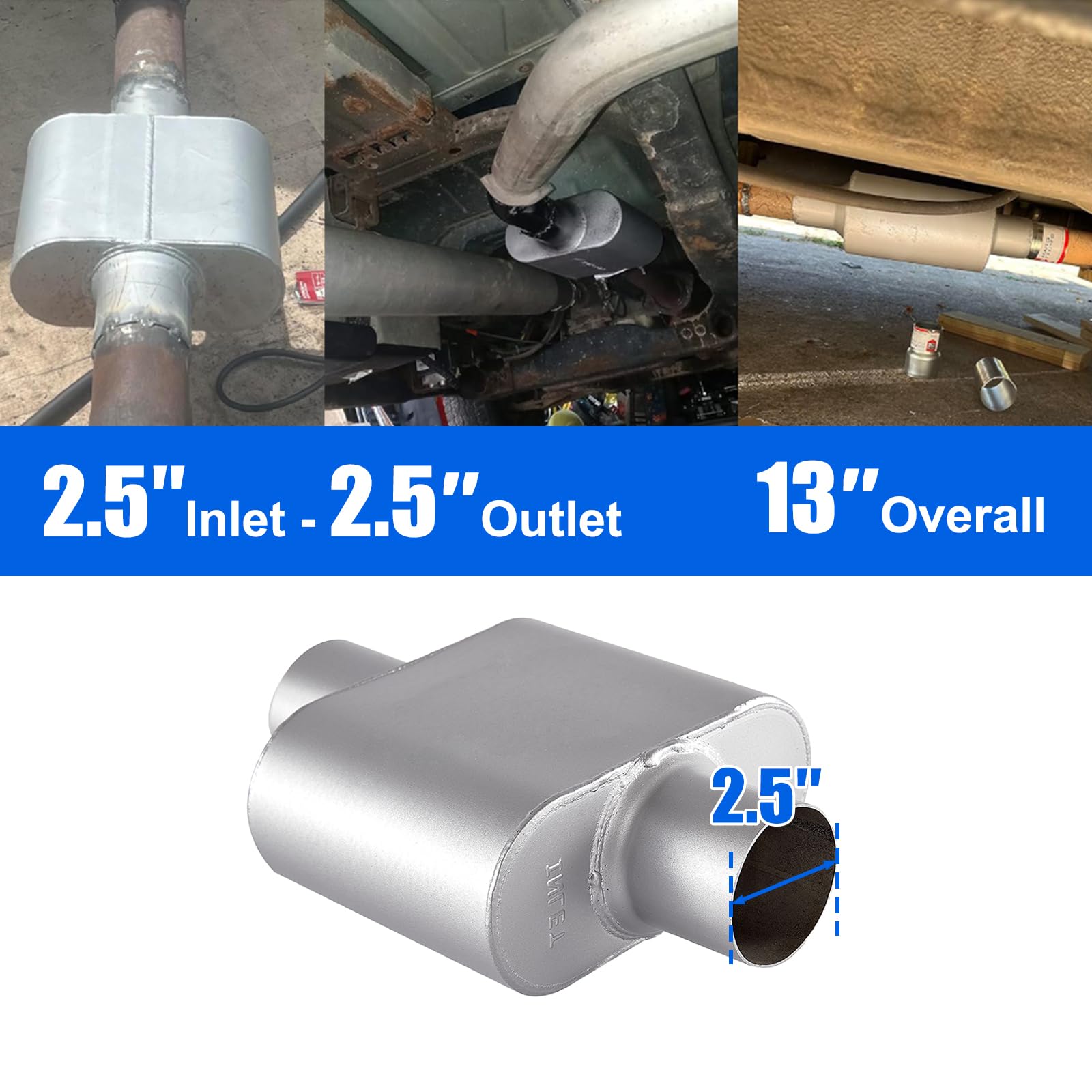 Floshine Universal Mufflers,Performance Automotive Exhaust Muffler,Single Chamber 2.5 Inch Inlet/2.5 Inch Outlet Fh425109