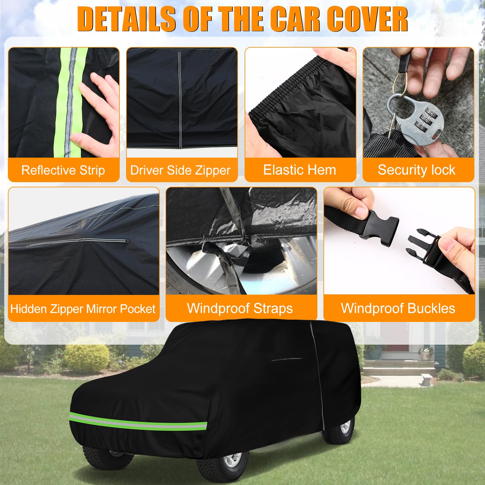 sportuli Waterproof Car Cover for 1965-1977 Ford Bronco, Black, 6 Layers, Zipper Door, Windproof, All Weather Protection