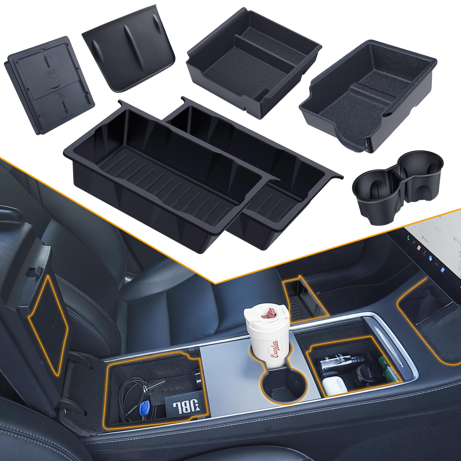 Center Console Organizer Tray For Tesla Model Y 2024-2020(Not Fit 2024 2025Model Y Juniper), 7Pcs Car Accessories With Armrest S