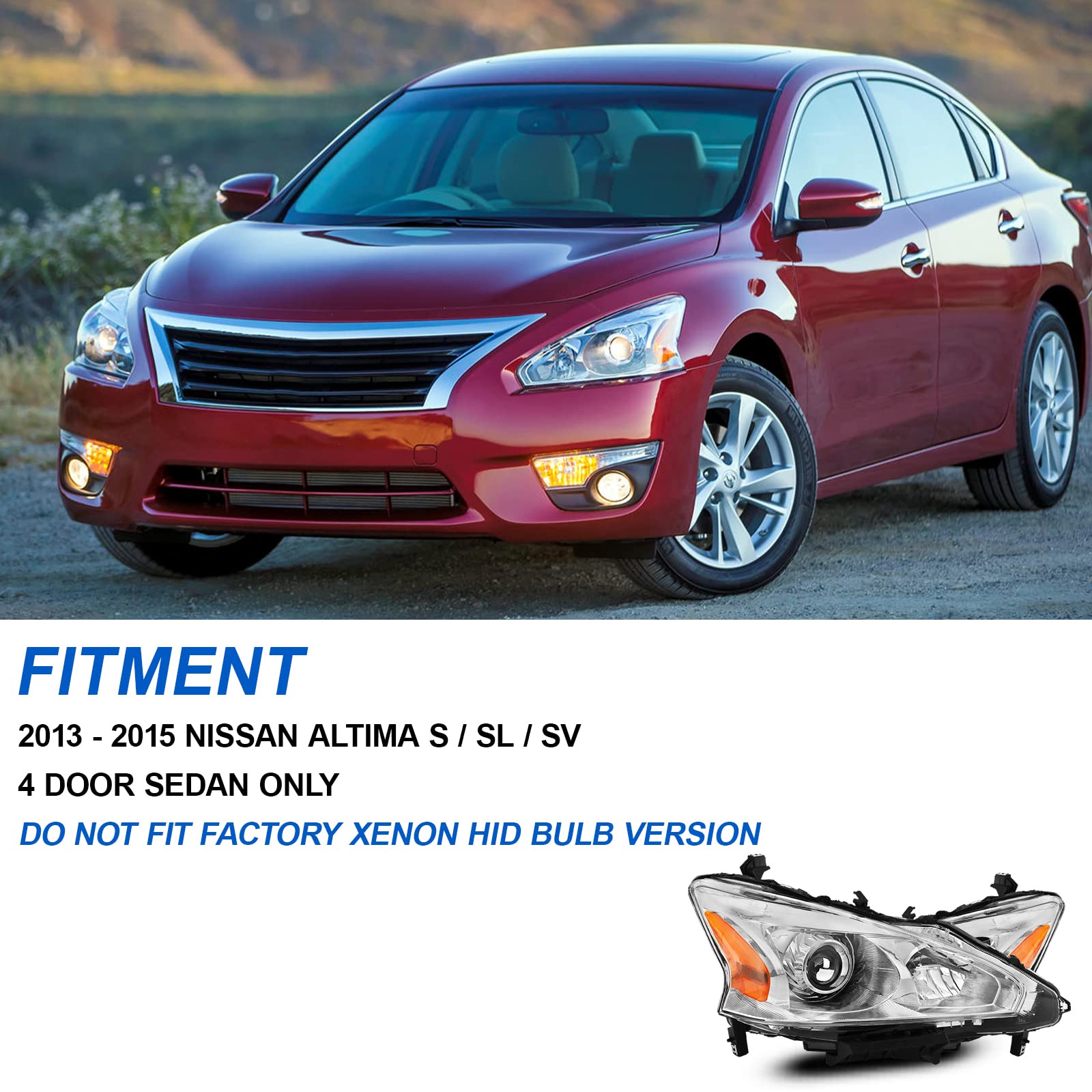Alziria Headlight Assembly Compatible With 2013 2014 2015 13 14 15 Nissan Altima 2013-2015 13-15 Nissan Altima S/Sl/Sv-Only Fit