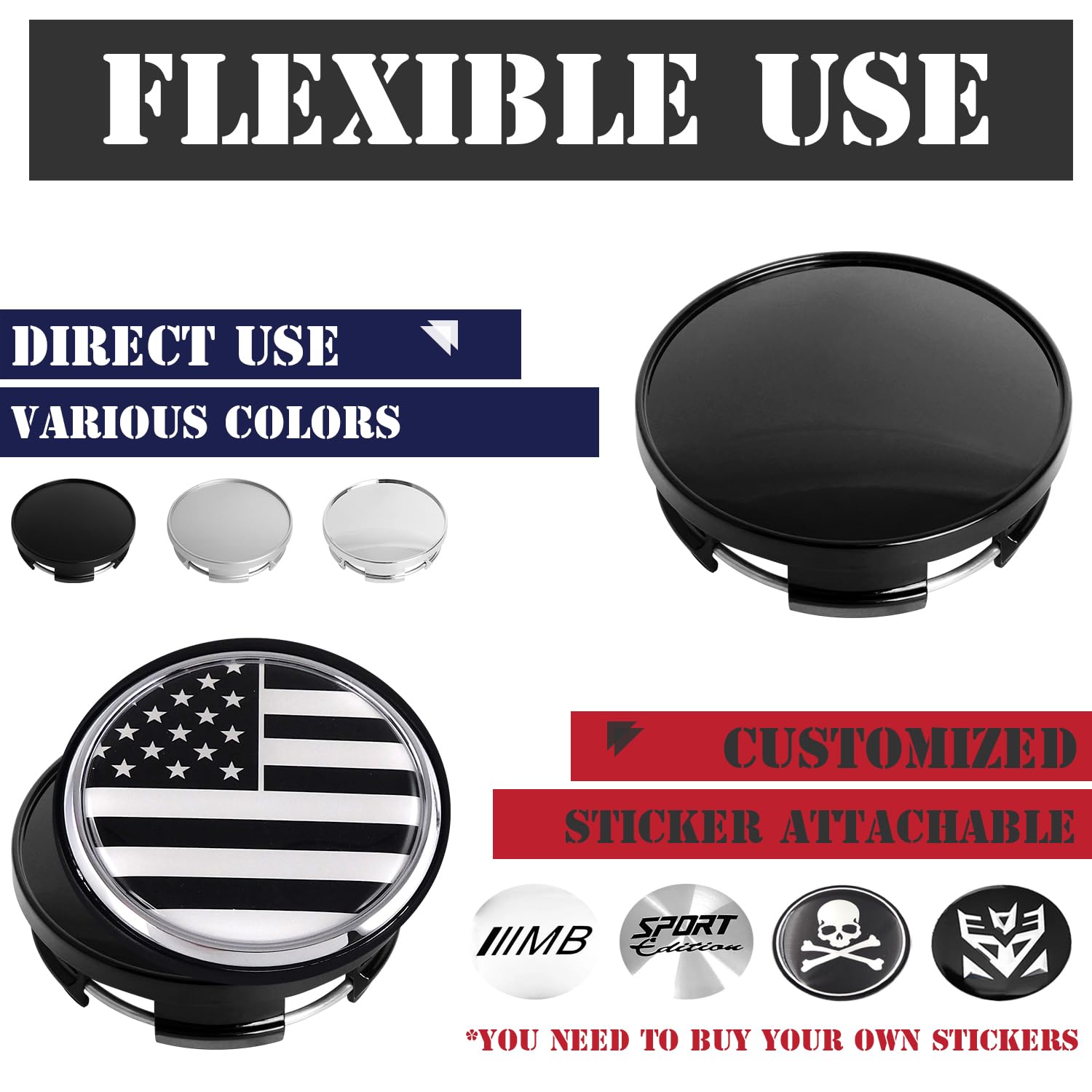 KitsPro Wheel Center Caps for Dodge RAM 1500, 63MM Gloss Black, Plastic, Model KP00049WCC-1, Pack of 4