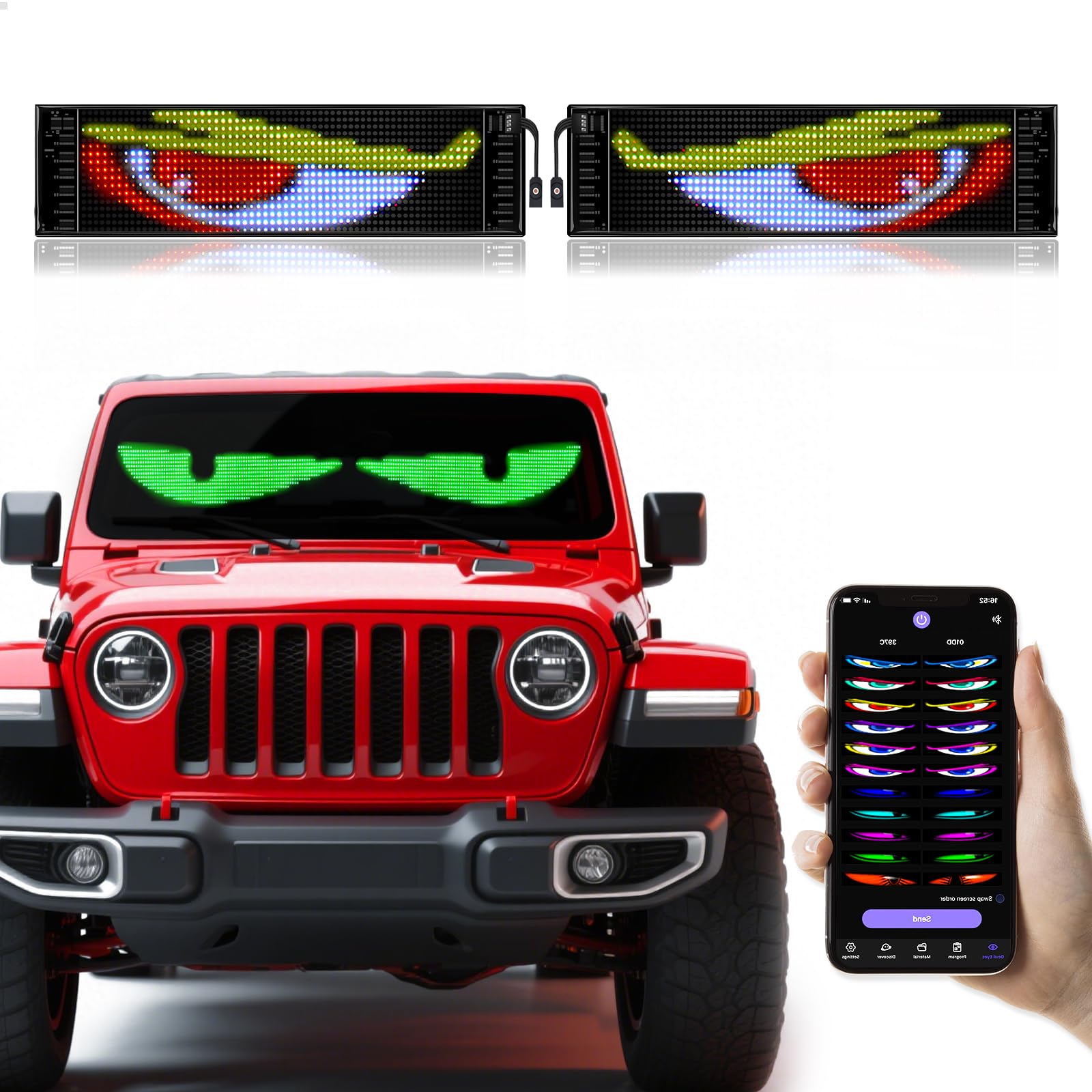 2Pcs Devil Eyes Light for Cars,Flexible Scrolling Programmable LED Signs,LED Eyes for Truck Windshield,Custom Editor Colours,Ani