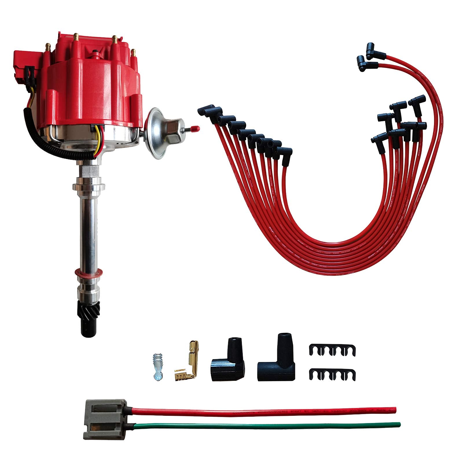MAS HEI Distributor & Spark Plug Wires & Free 170072 and Tachometer Pigtail Wire Harness Replacement for Chevy 305 454 Chevrolet