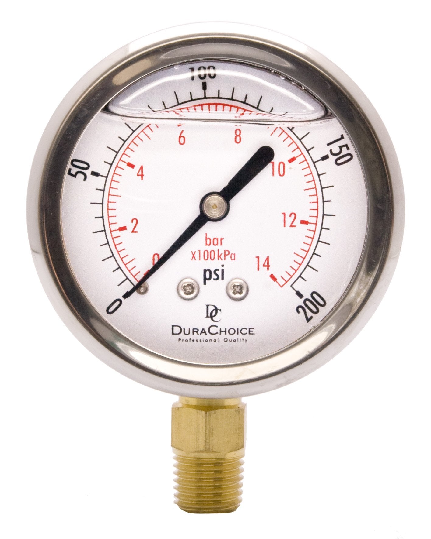2-1/2'' Oil Filled Pressure Gauge - Stainless Steel Case, Brass, 1/4'' Npt, Lower Mount Connection, 0-200Psi