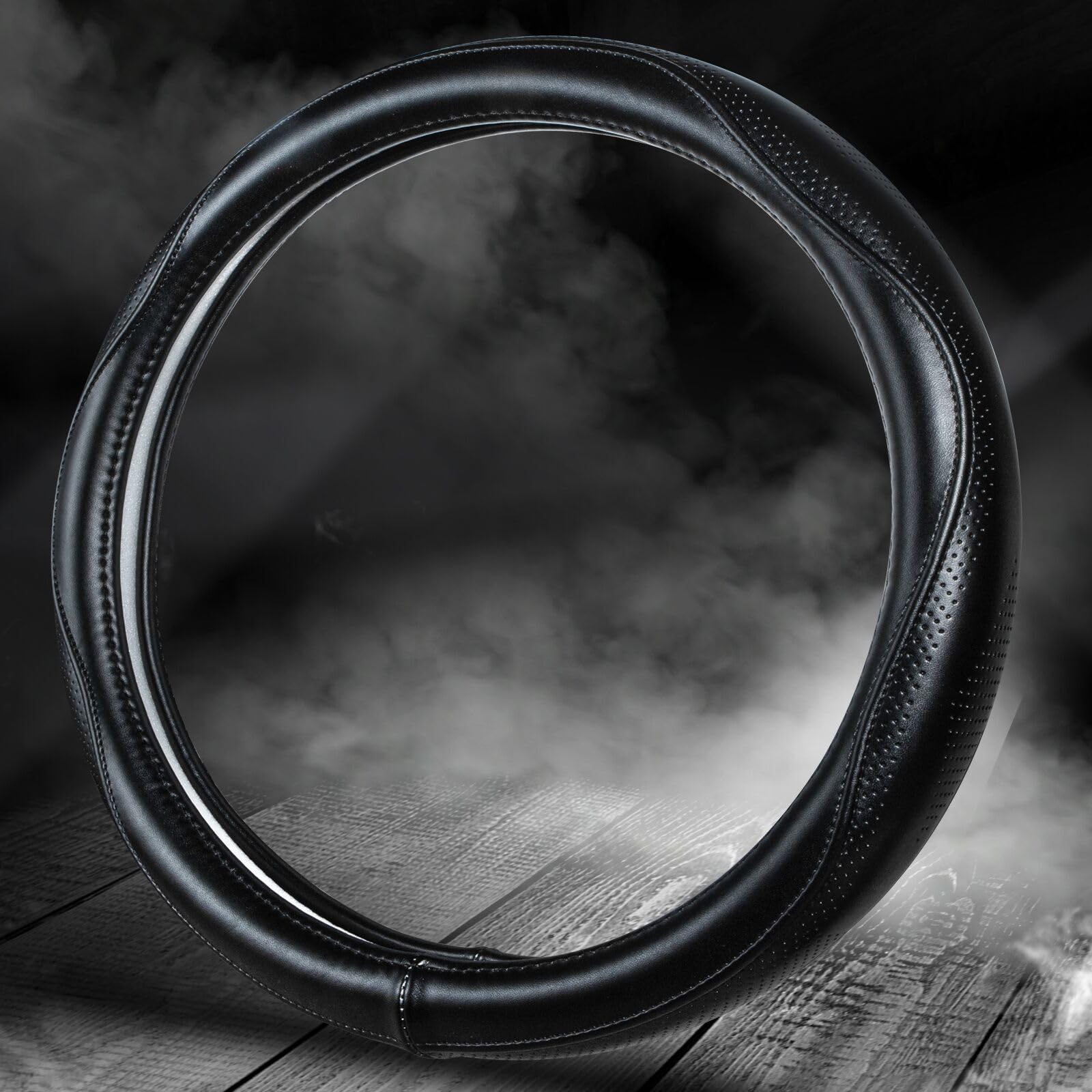 Haokay Top Grade Black Genuine Leather Steering Wheel Cover Men Women, Luxury Steering Wheel Cover For Cars, Suvs And Trucks,Uni