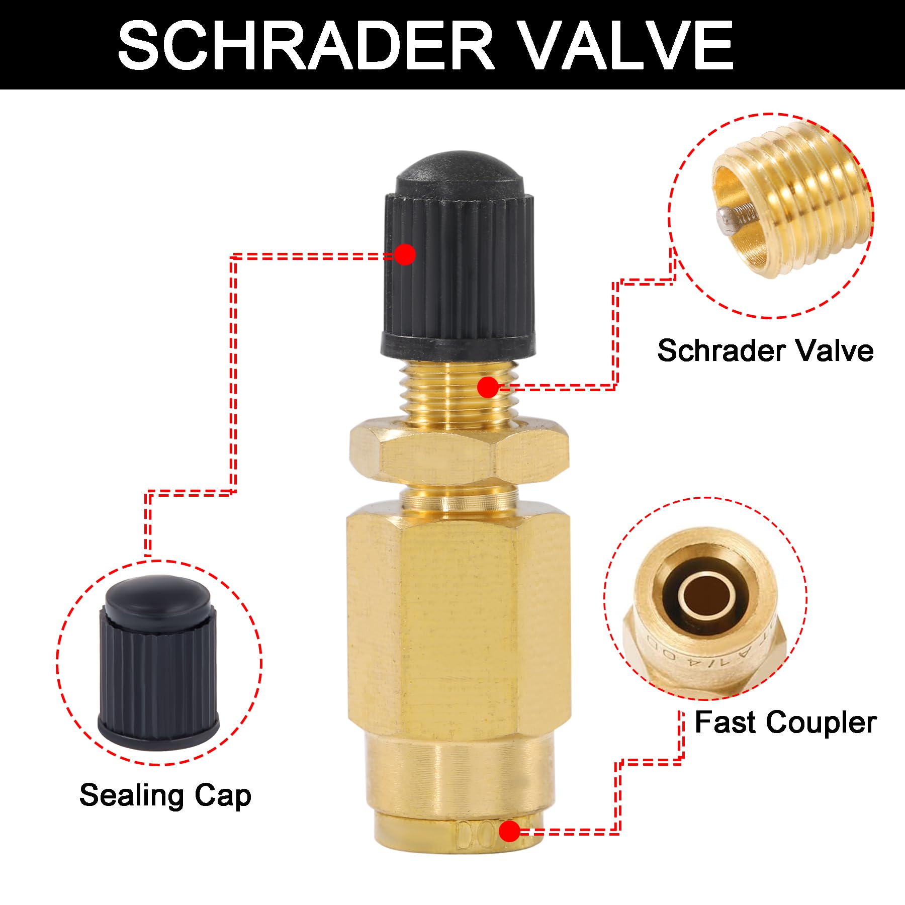 Breezliy 1/4" Inflation Schrader Valve - Brass Push to Connect for Air Line Tubing, 2PCS, Model 3d2813d3-0516-49