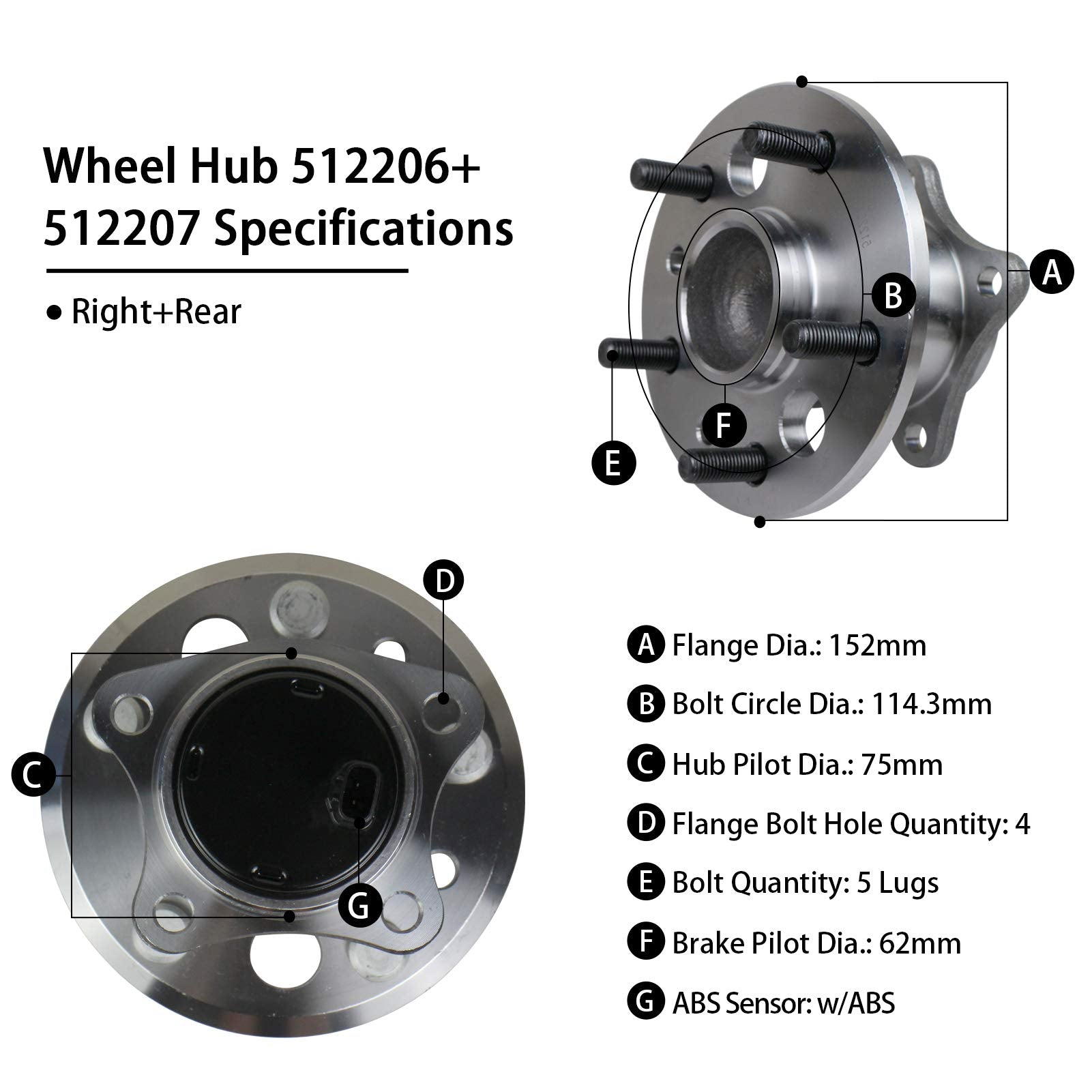 Macel 512206 512207 Set Of 2 Rear Wheel Hub & Bearing Assembly Compatible With Toyota Camry Avalon Solara Highlander(Fwd Models)