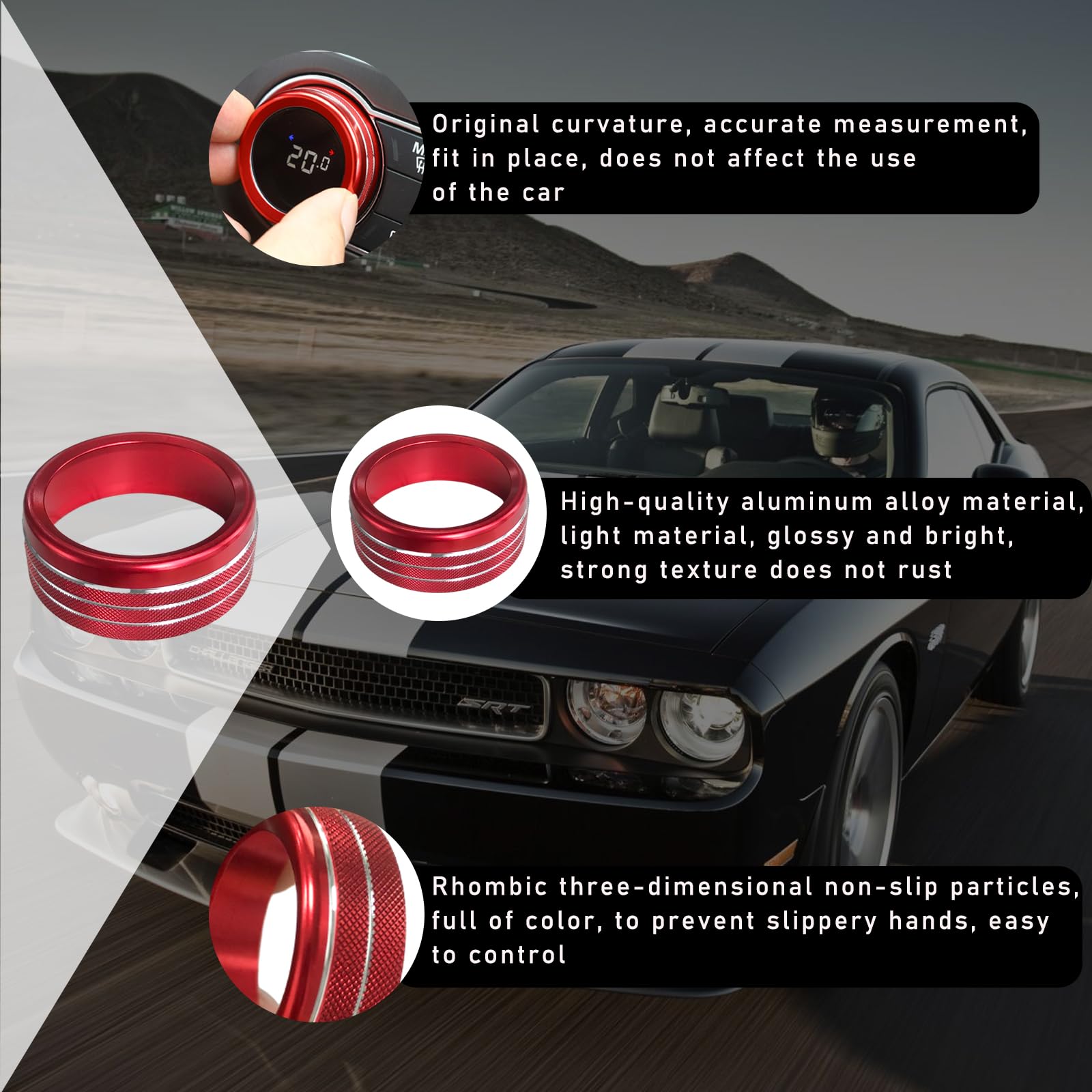 Dickno 3Pcs Air Conditioner Switch Button Knob Cover, Aluminum Alloy A/C Decal Trim Rings Compatible With Challenger Durango 201