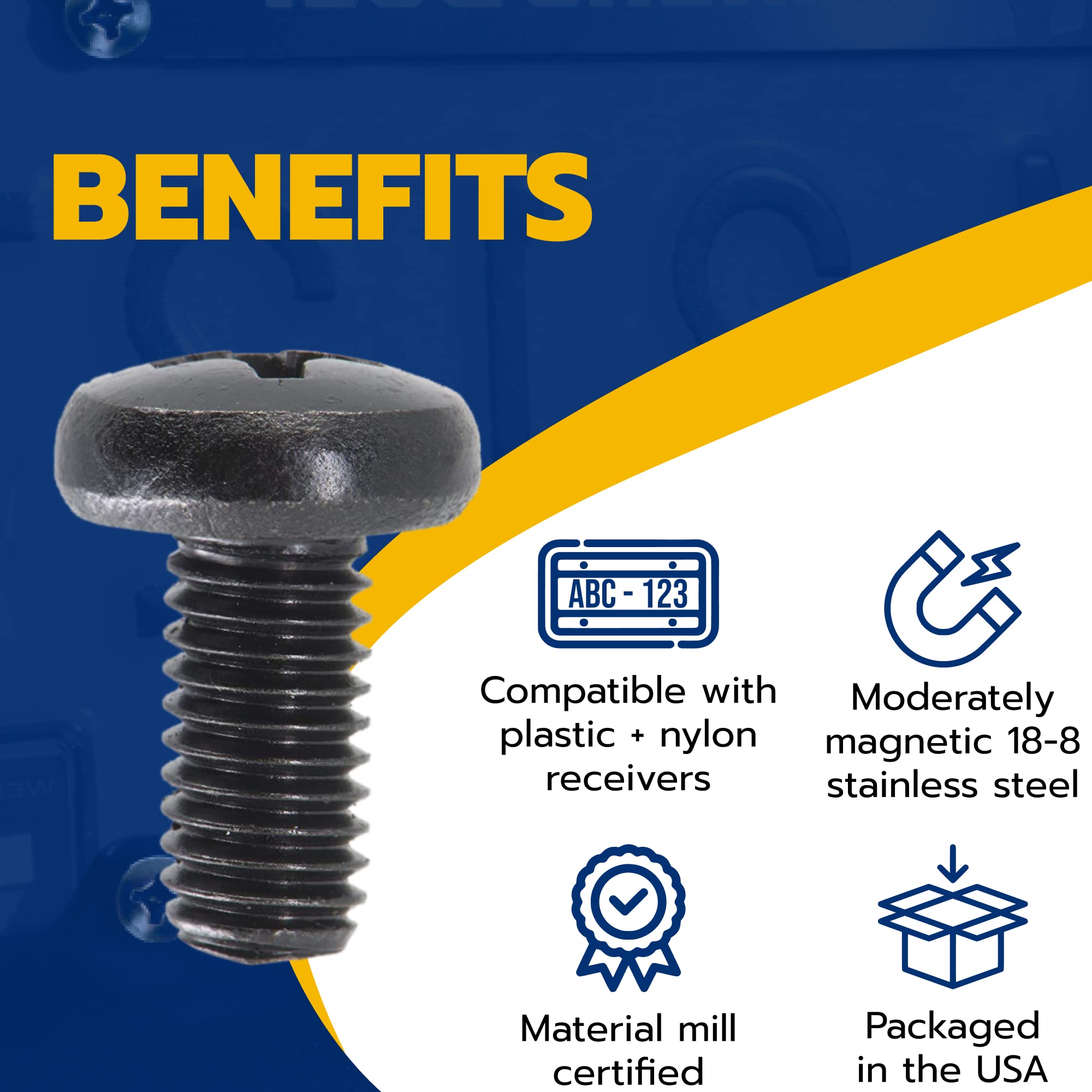 MAKERS BOLT Black License Plate Screws, Stainless Steel, M6-1.0 x 10mm, Pack of 4