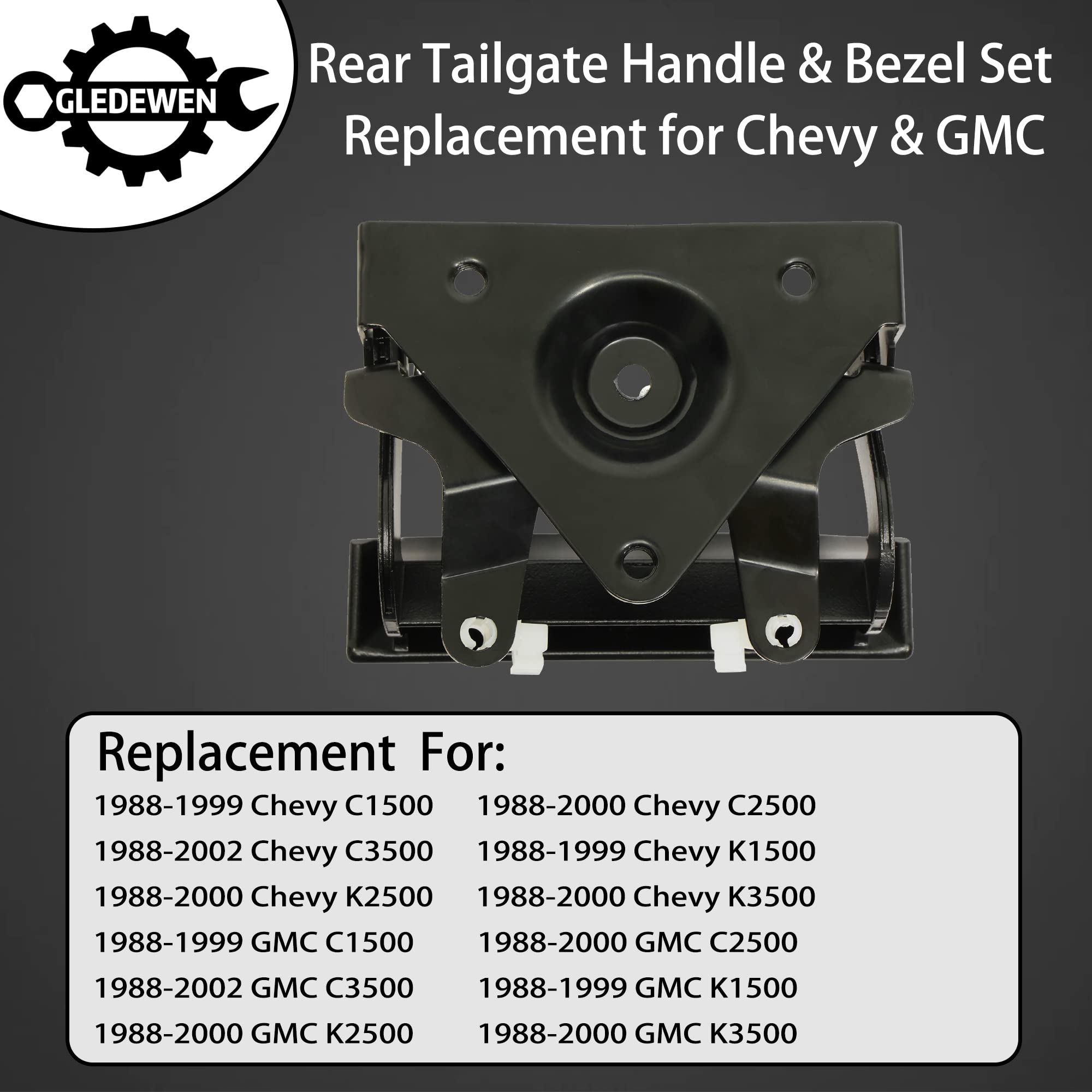 Gledewen Tailgate Handle Set - All Metal Latch & Plastic Bezel for 1988-2002 Chevy GMC C1500 C2500 C3500 Pickup Truck
