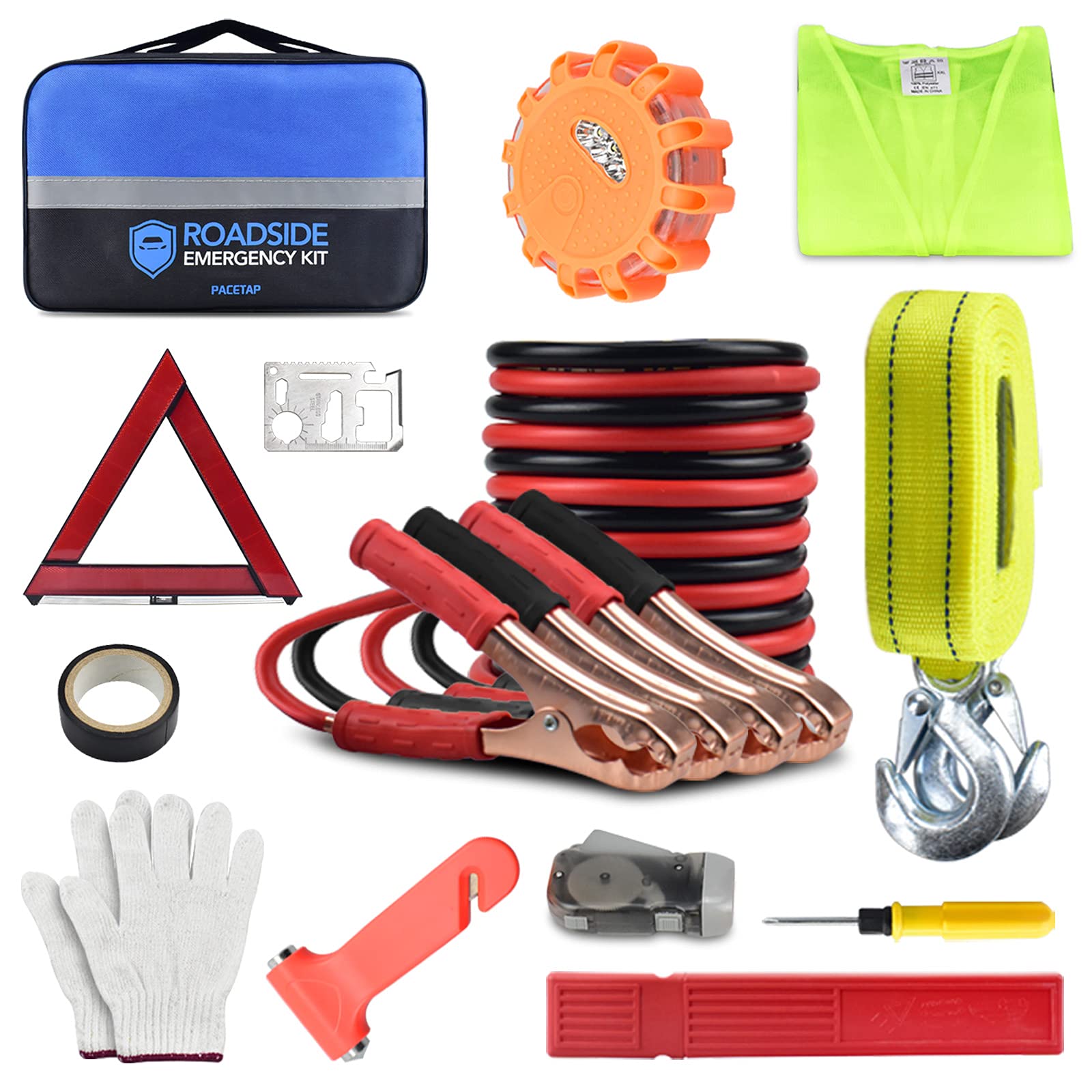 Pacetap Car Roadside Emergency Kit, Essential Auto Safety Road Side Assistance Tool Kit With Led Road Flare, Jumper Cables, Towi