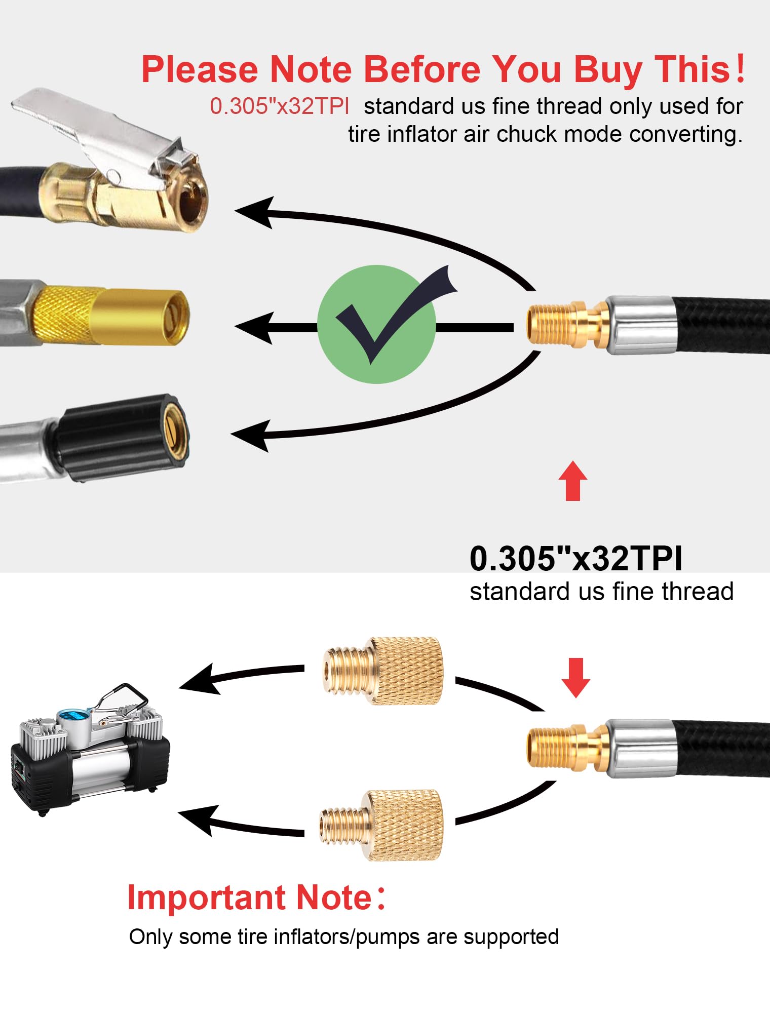 LUMITECO 20'' Tire Inflator Hose Adapter, Lock On Air Chuck w/Converting Nuts & Presta Valve Adaptor for Air Compressor, Schrade