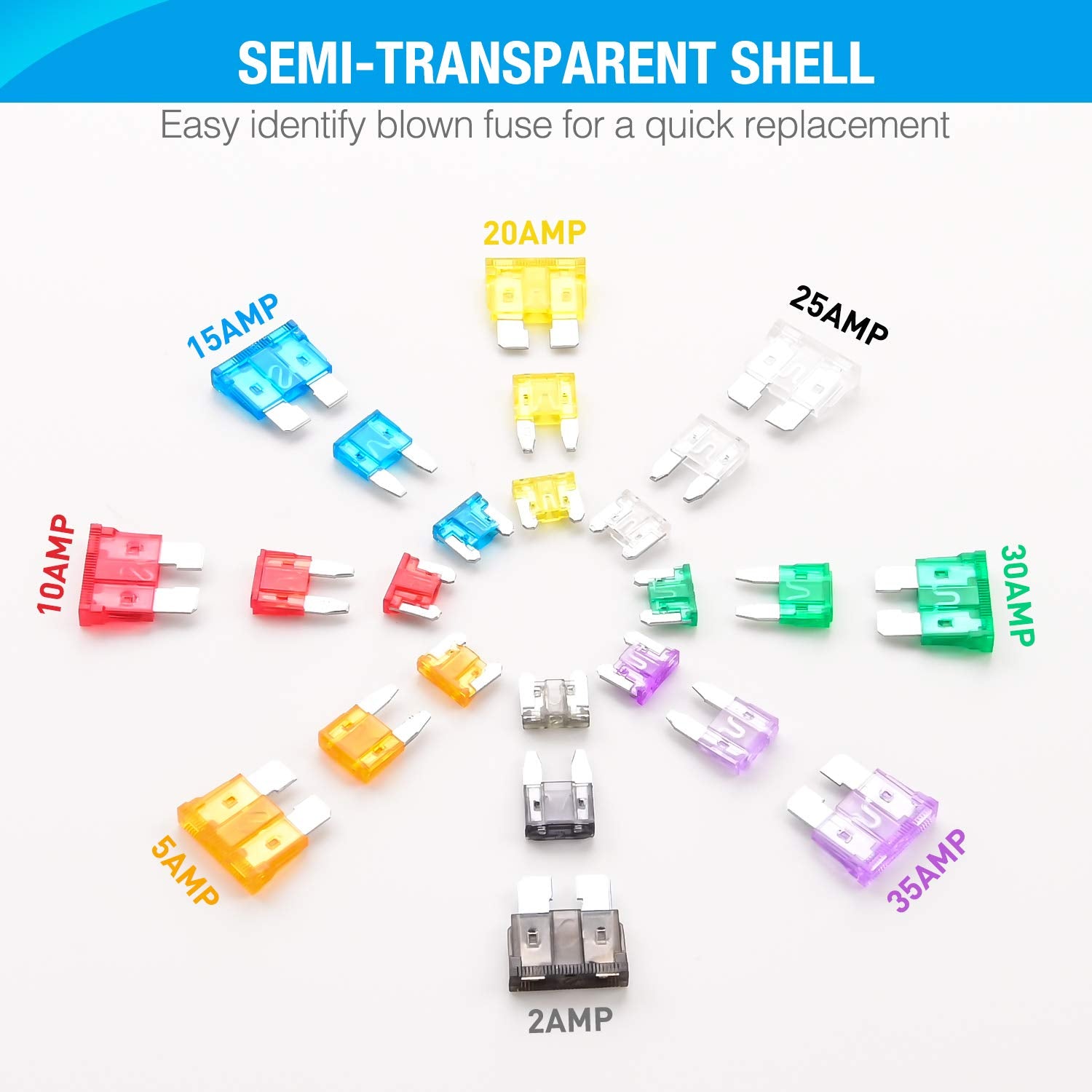 Nilight - 50019R 272Pcs Standard & Mini & Low Profile Mini Blade Fuse Assortment, 2A 5A 10A 15A 20A 25A 30A 35A Replacement Fuse