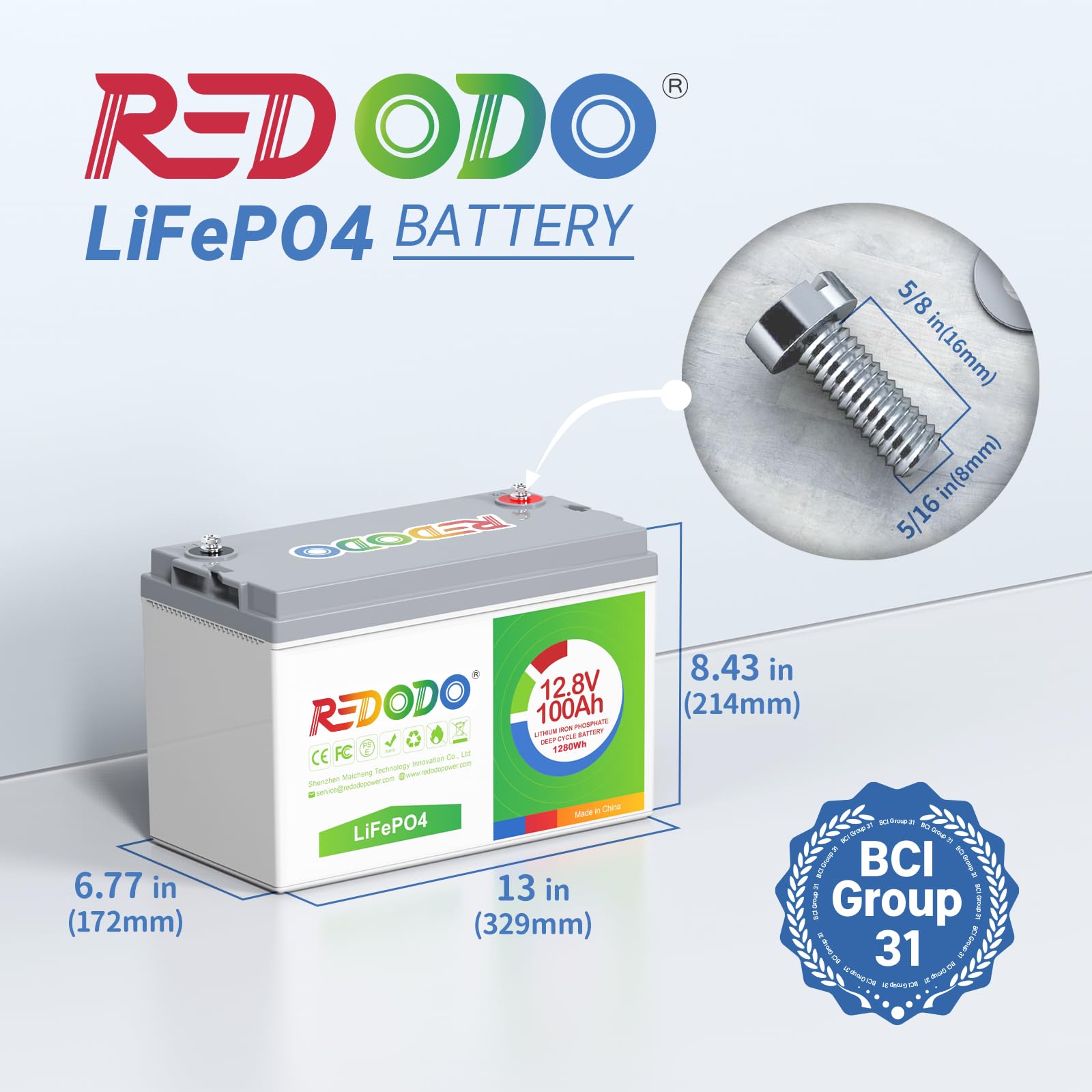 Redodo 12V 100Ah LiFePO4 Lithium Battery with 100A BMS for RV, Solar, Trolling Motor - Durable, Long Life, Group 31