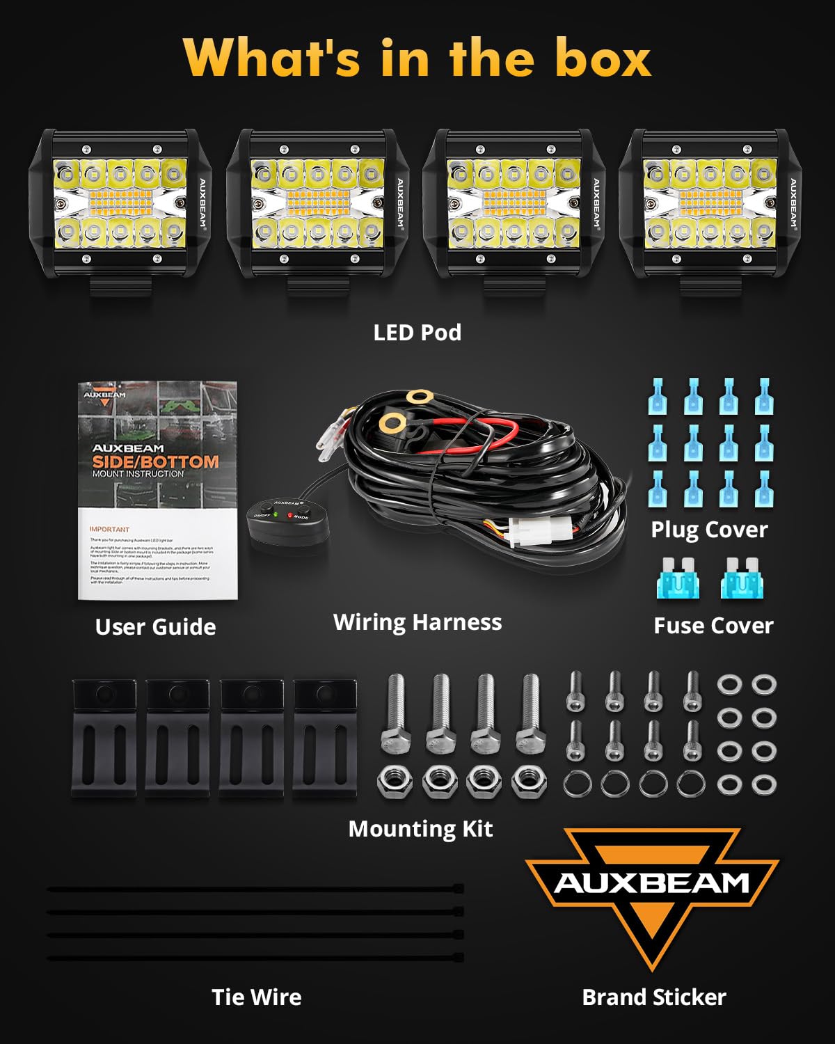 Auxbeam 4" LED Pod Lights - 240W Amber White Series, 6 Modes, 4 Packs, Aluminum, Model ZD000775-VE, Offroad Strobe Warning Lights